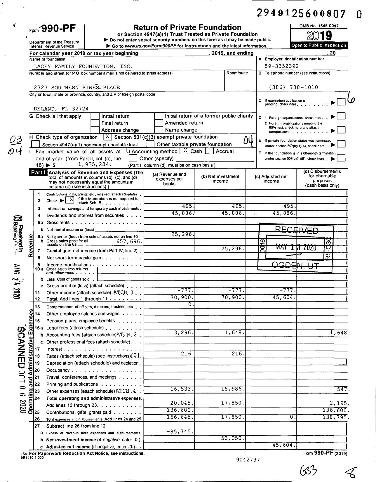 Image of first page of 2019 Form 990PR for Lacey Family Foundation