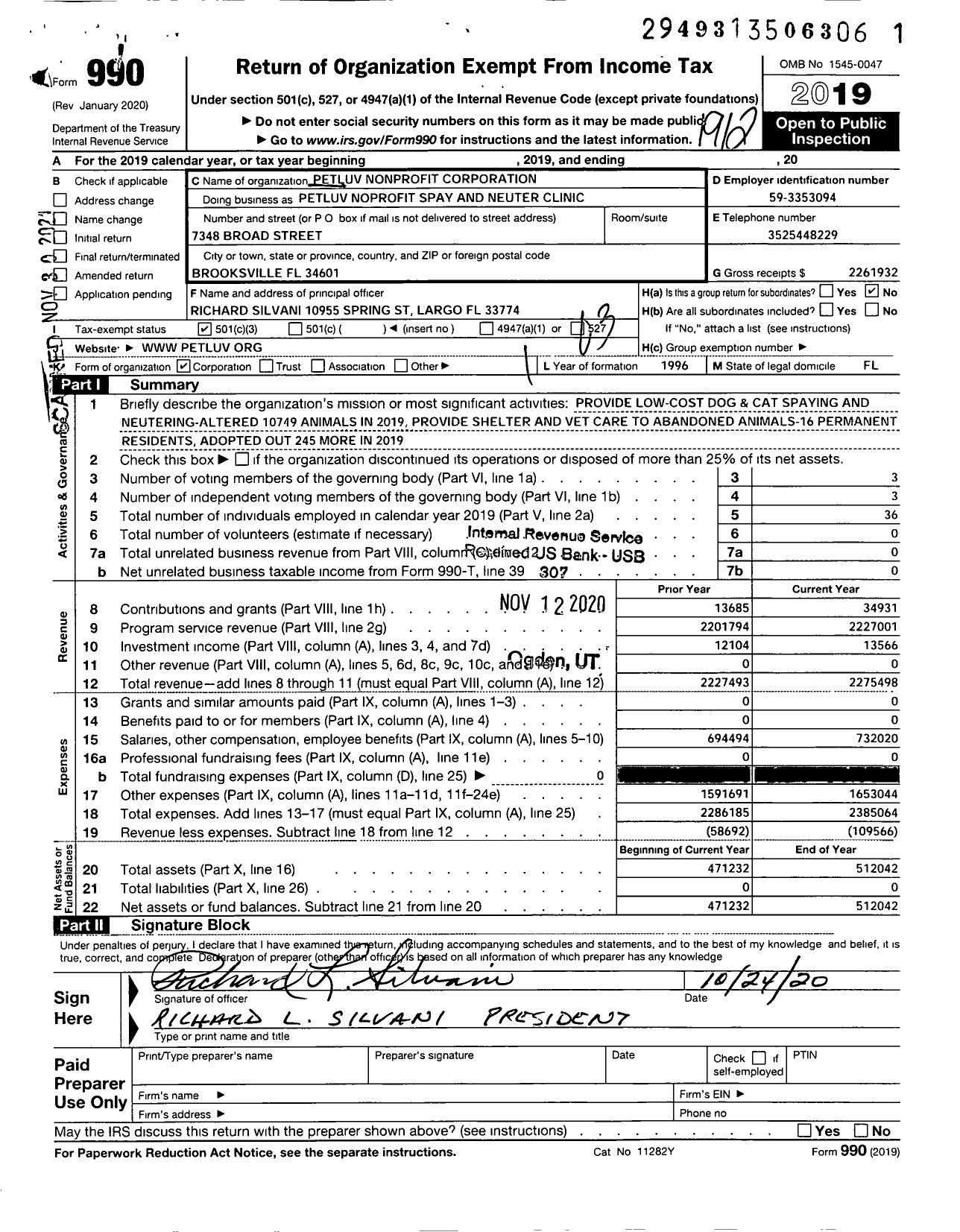 Image of first page of 2019 Form 990 for Petluv Nonprofit Spay and Neuter Clinic