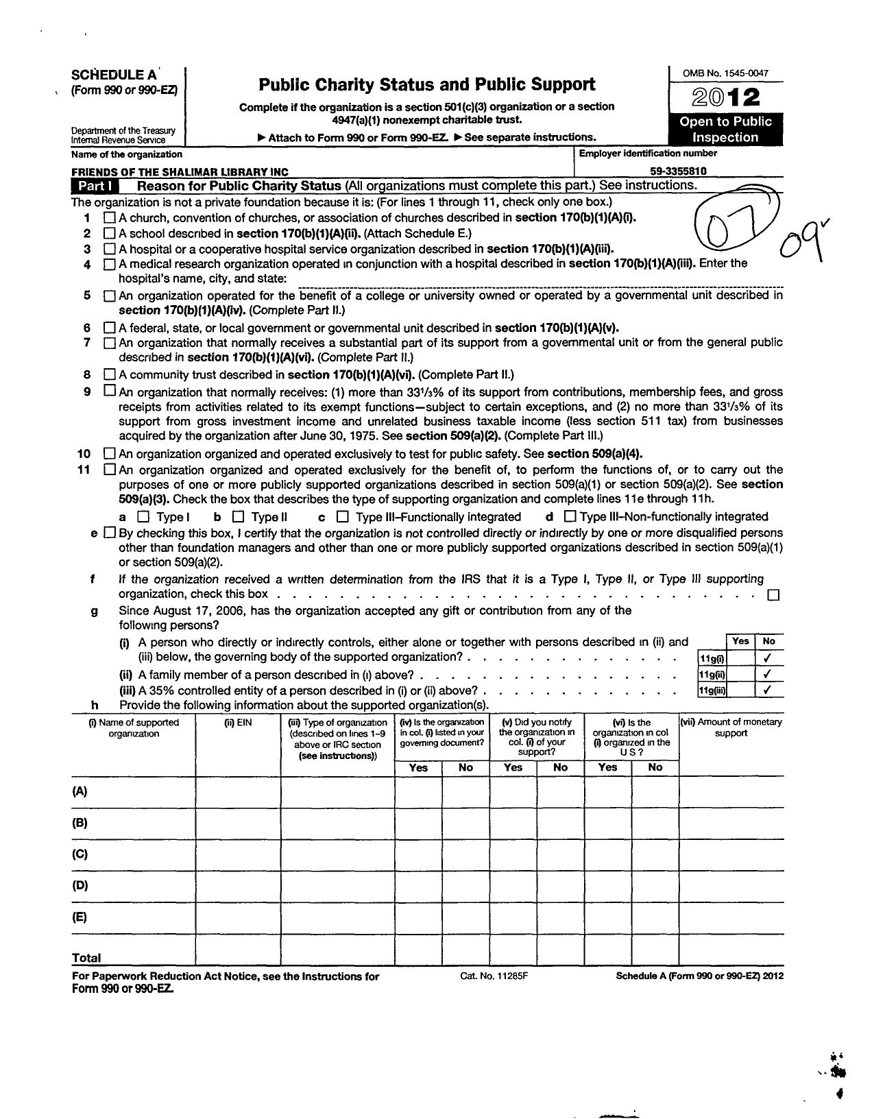 Image of first page of 2012 Form 990ER for Shalimar Library and Thrift Shop