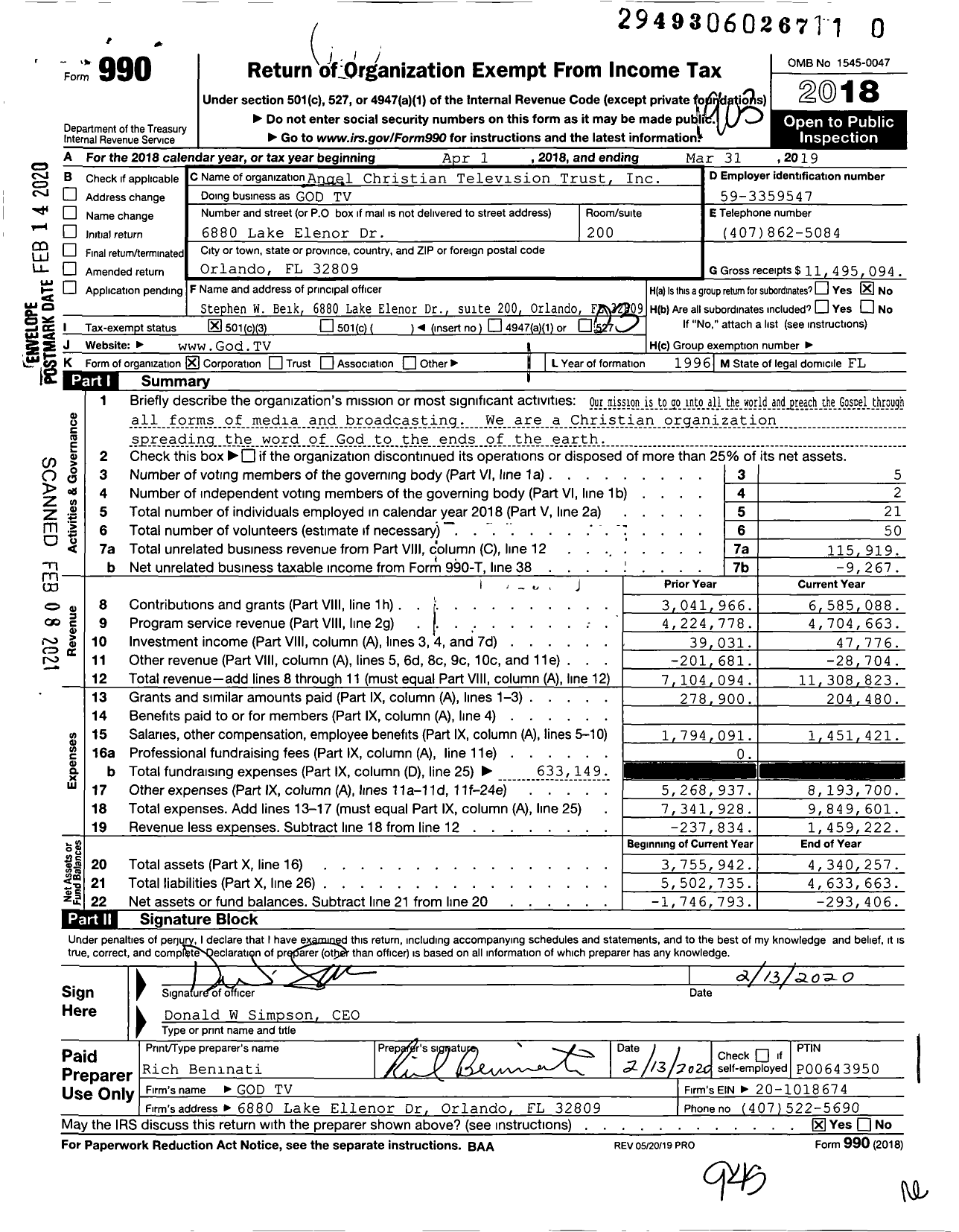 Image of first page of 2018 Form 990 for God TV