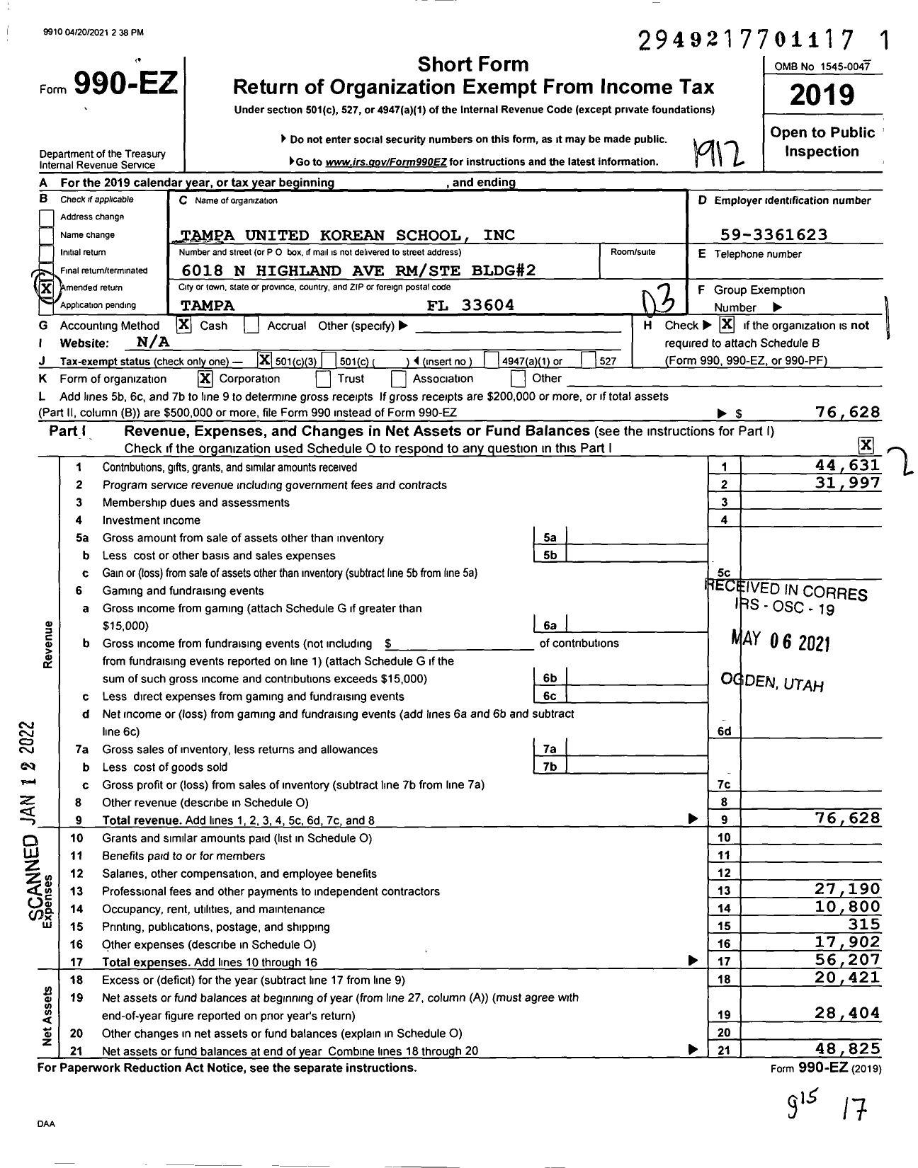 Image of first page of 2019 Form 990EZ for Tampa United Korean School