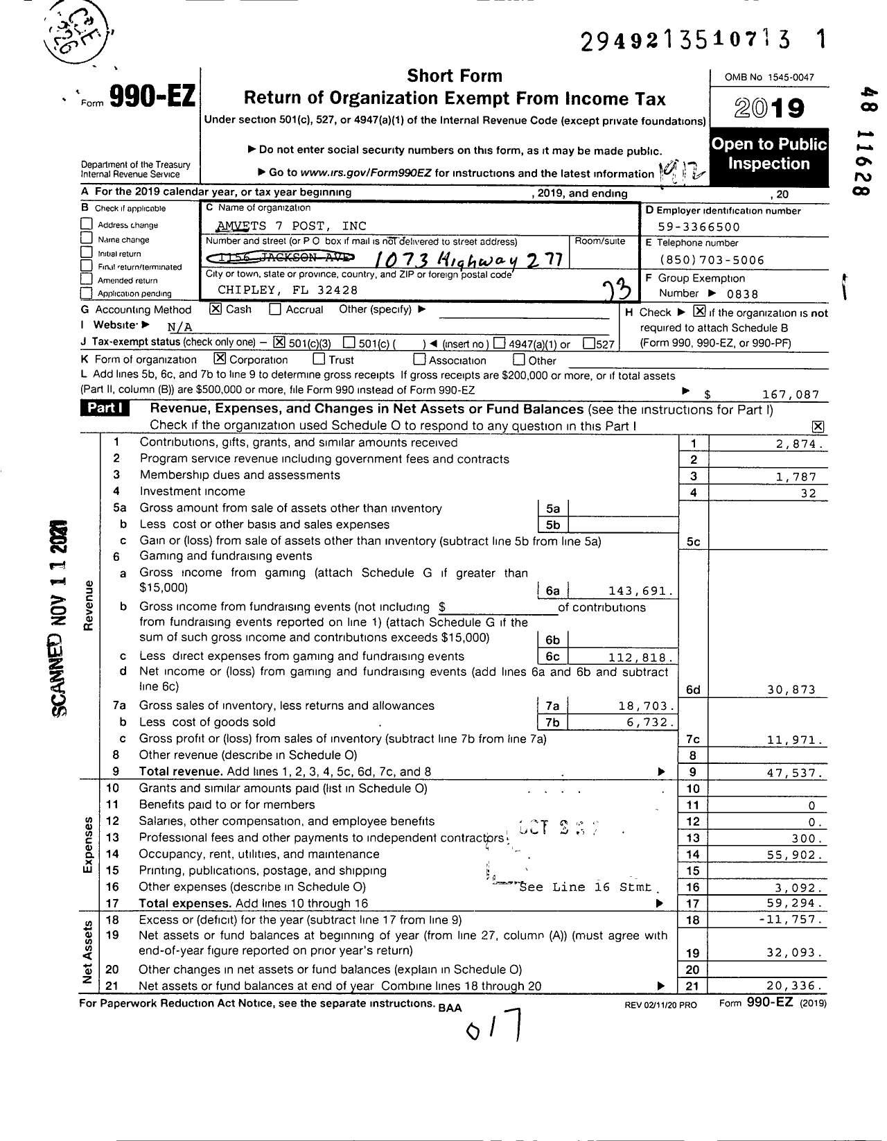 Image of first page of 2019 Form 990EZ for Amvets - 0007 FL