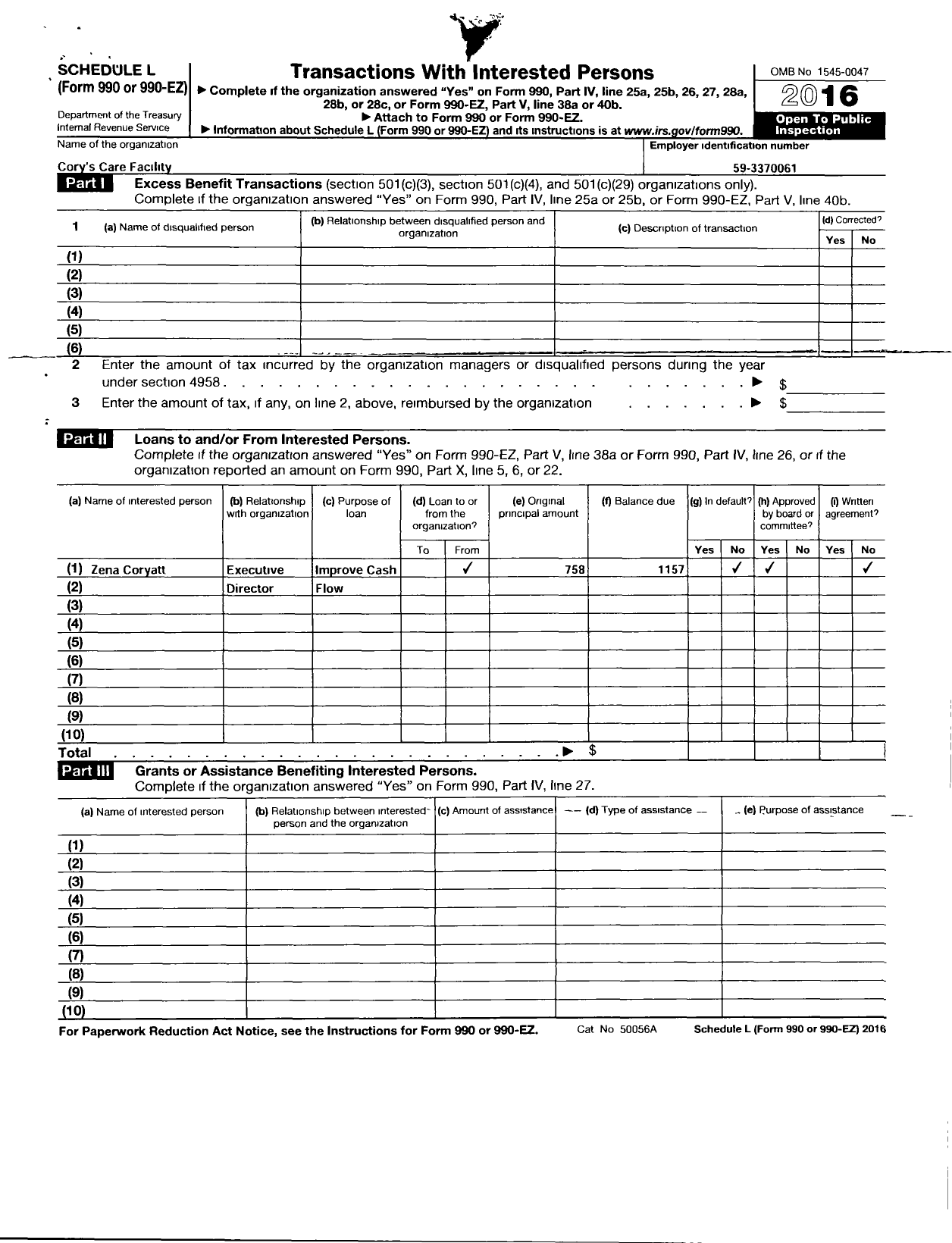 Image of first page of 2016 Form 990ER for Corys Care Facility
