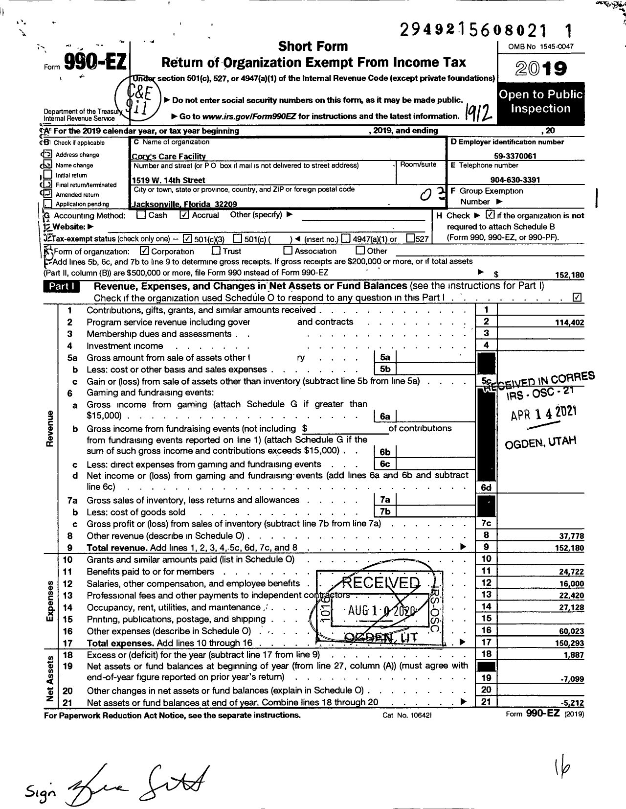 Image of first page of 2019 Form 990EZ for Corys Care Facility