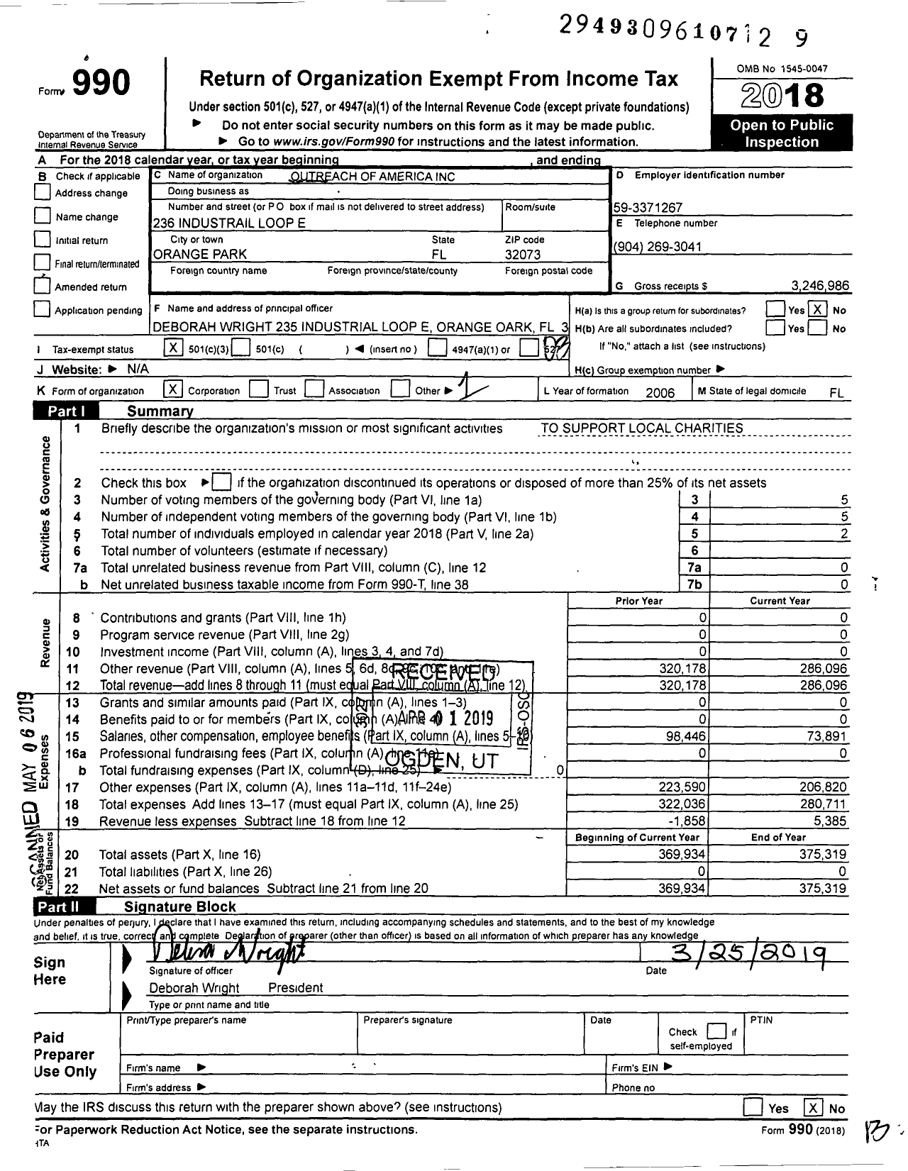 Image of first page of 2018 Form 990 for Outreach of America