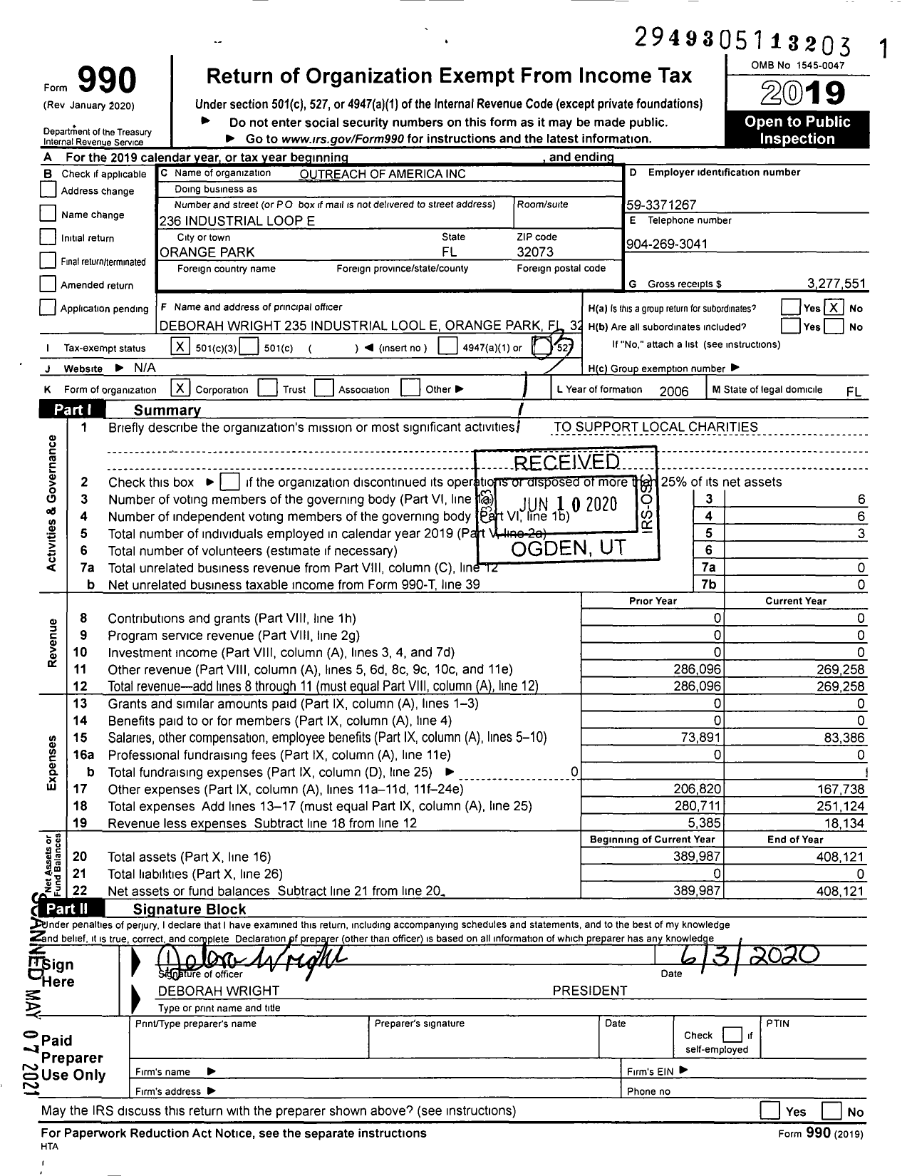 Image of first page of 2019 Form 990 for Outreach of America