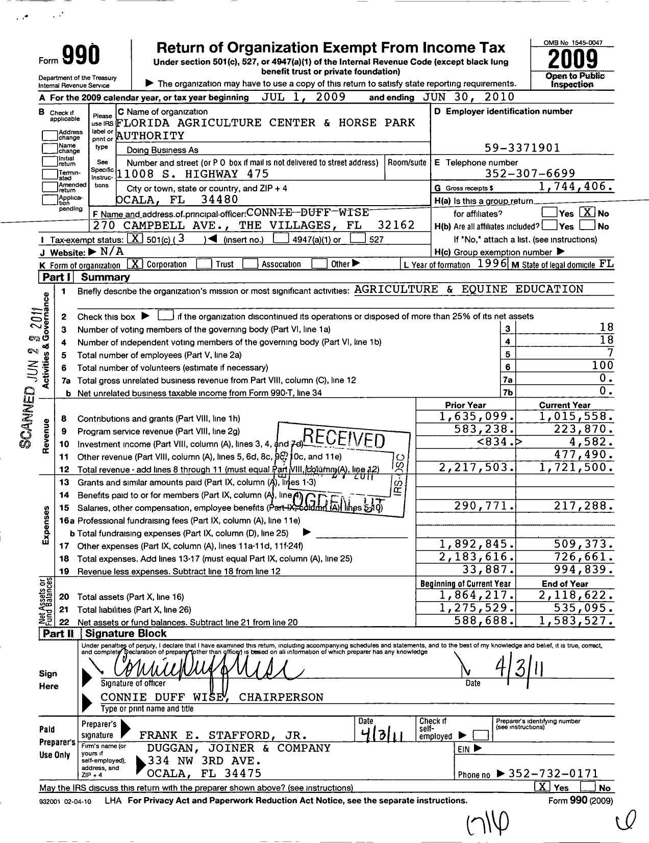 Image of first page of 2009 Form 990 for Florida Agriculture Center and Horse Park Authority