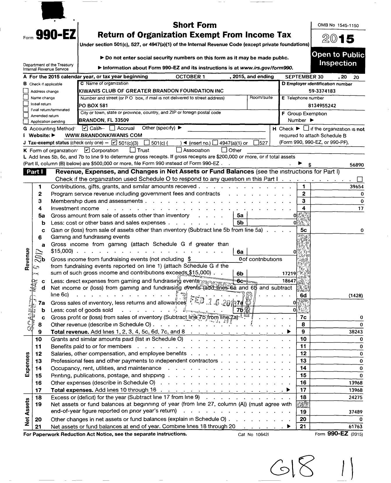 Image of first page of 2019 Form 990EZ for Kiwanis Club of Greater Brandon Foundation