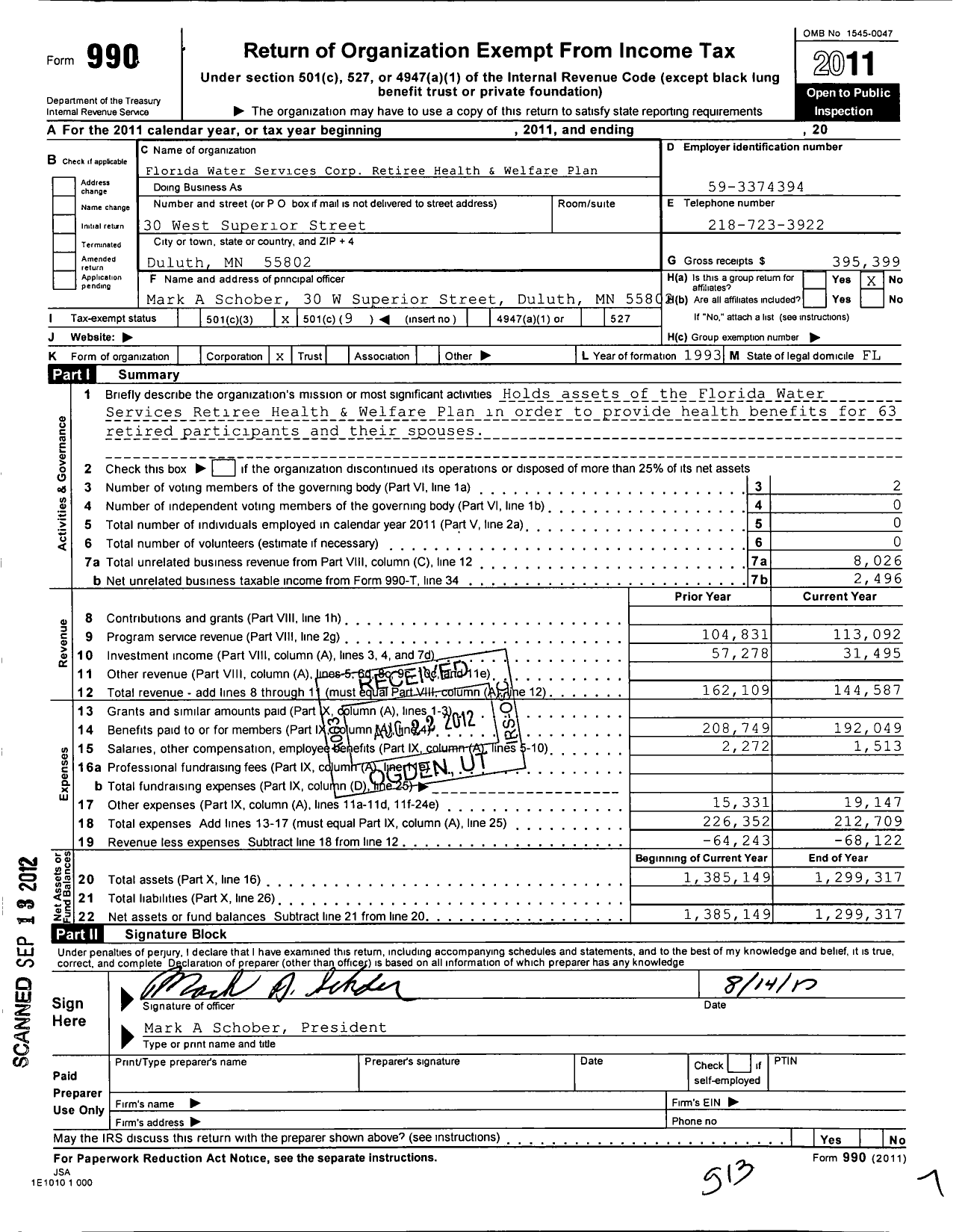 Image of first page of 2011 Form 990O for Florida Water Services Corp Retiree Health and Welfare Plan