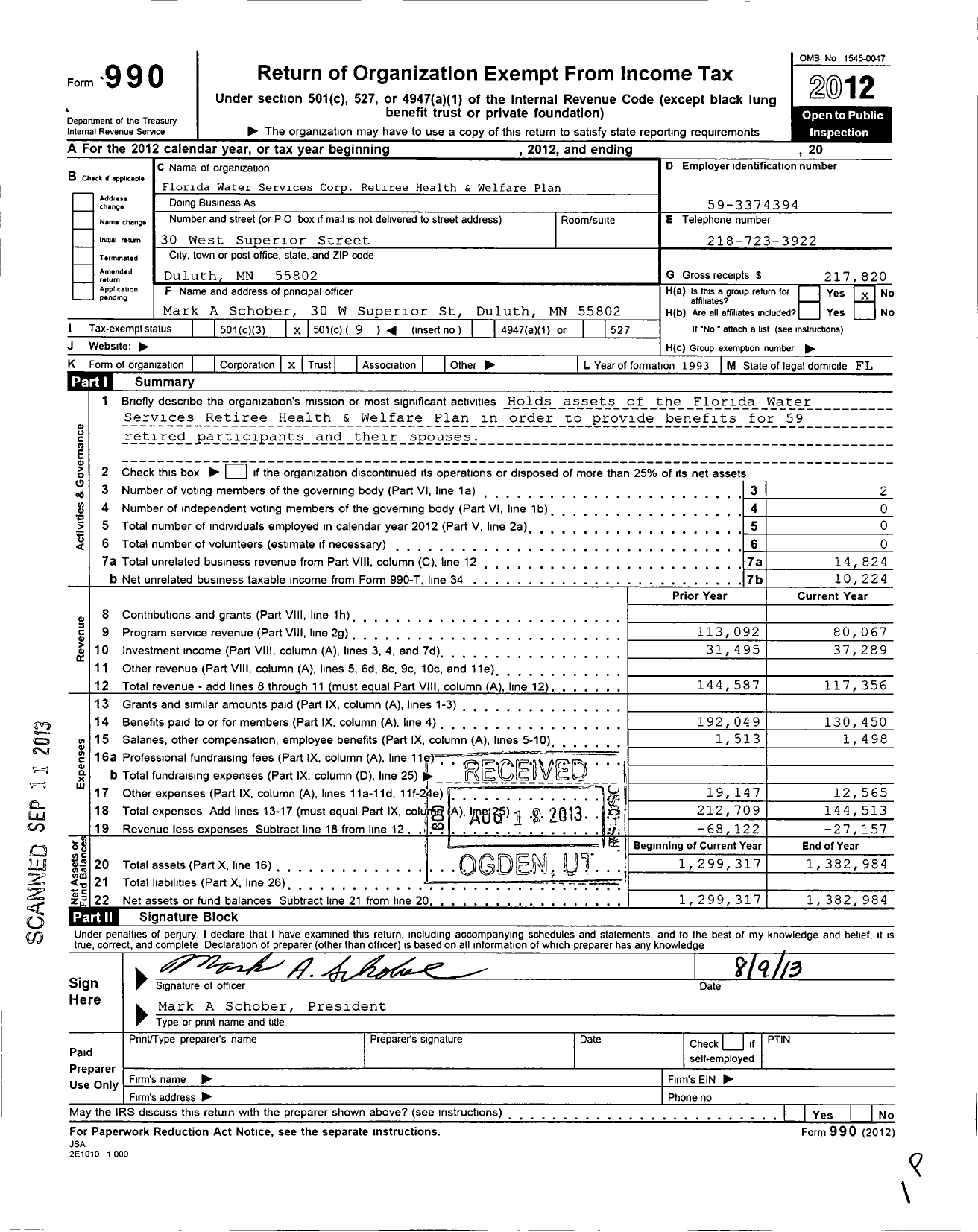 Image of first page of 2012 Form 990O for Florida Water Services Corp Retiree Health and Welfare Plan