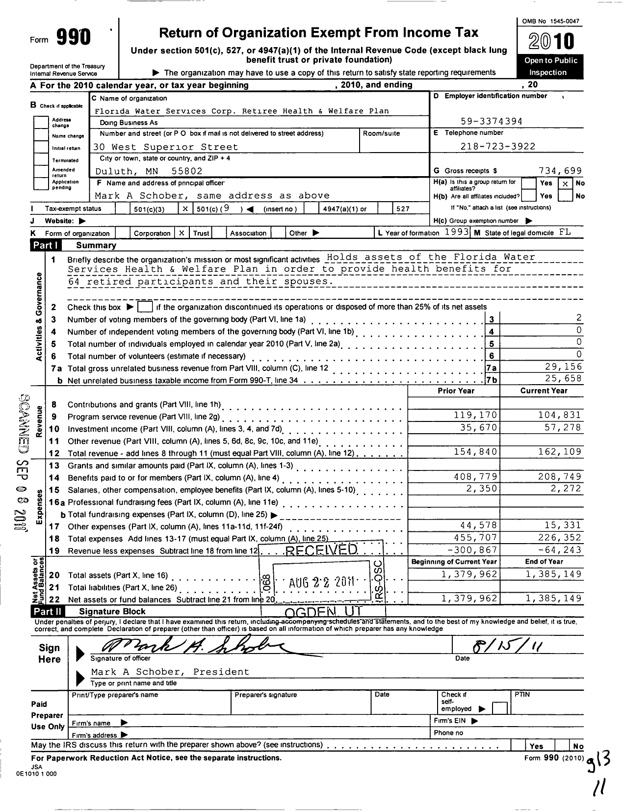 Image of first page of 2010 Form 990O for Florida Water Services Corp Retiree Health and Welfare Plan