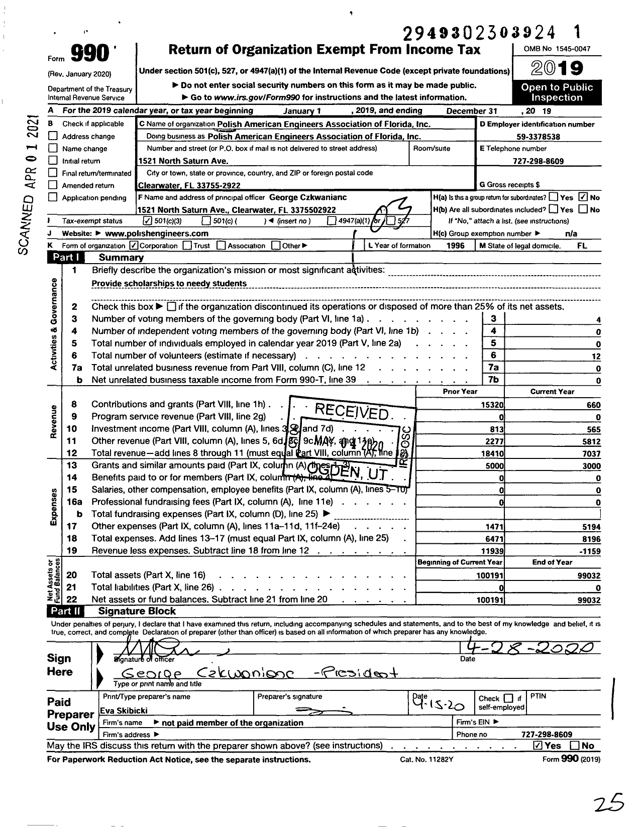 Image of first page of 2019 Form 990 for Polish-American Engineers Associates of Florida