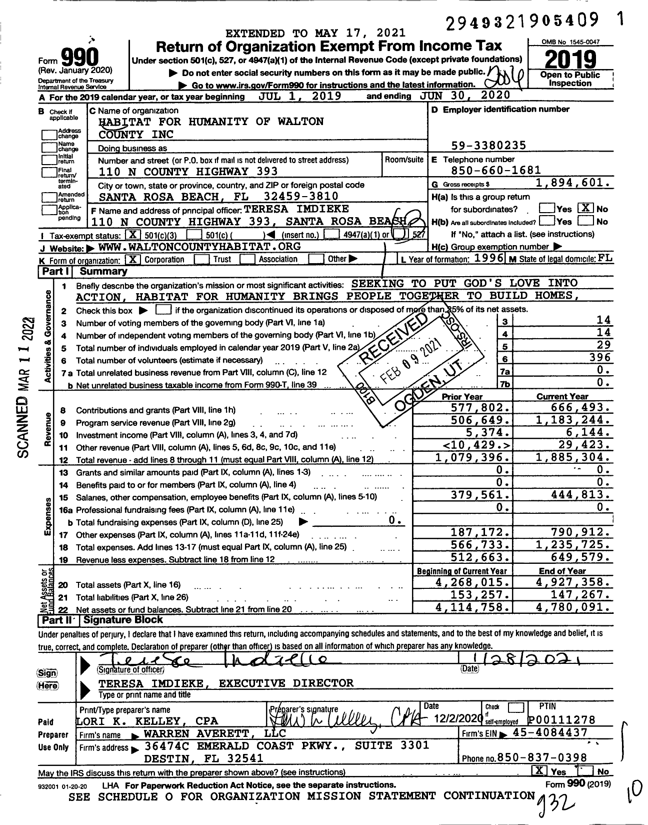 Image of first page of 2019 Form 990 for Habitat for Humanity - Walton County FL Inc HFH of