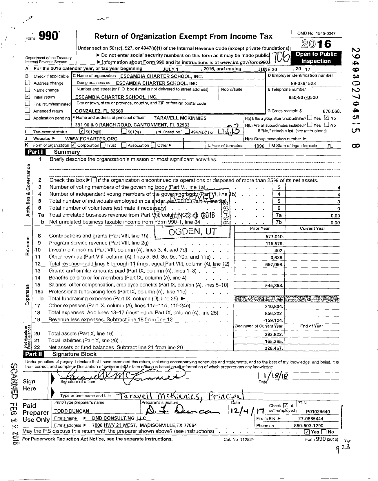 Image of first page of 2016 Form 990 for Escambia Charter School