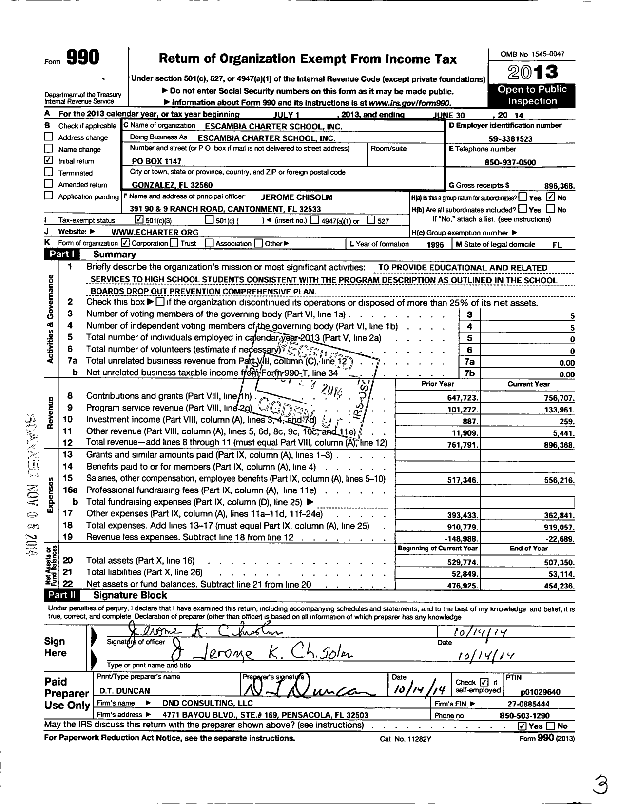 Image of first page of 2013 Form 990 for Escambia Charter School