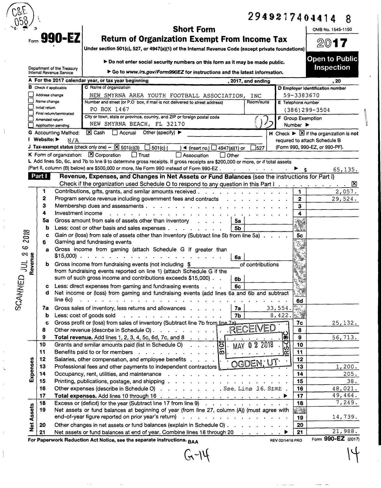 Image of first page of 2017 Form 990EZ for New Smyrna Area Youth Football Association