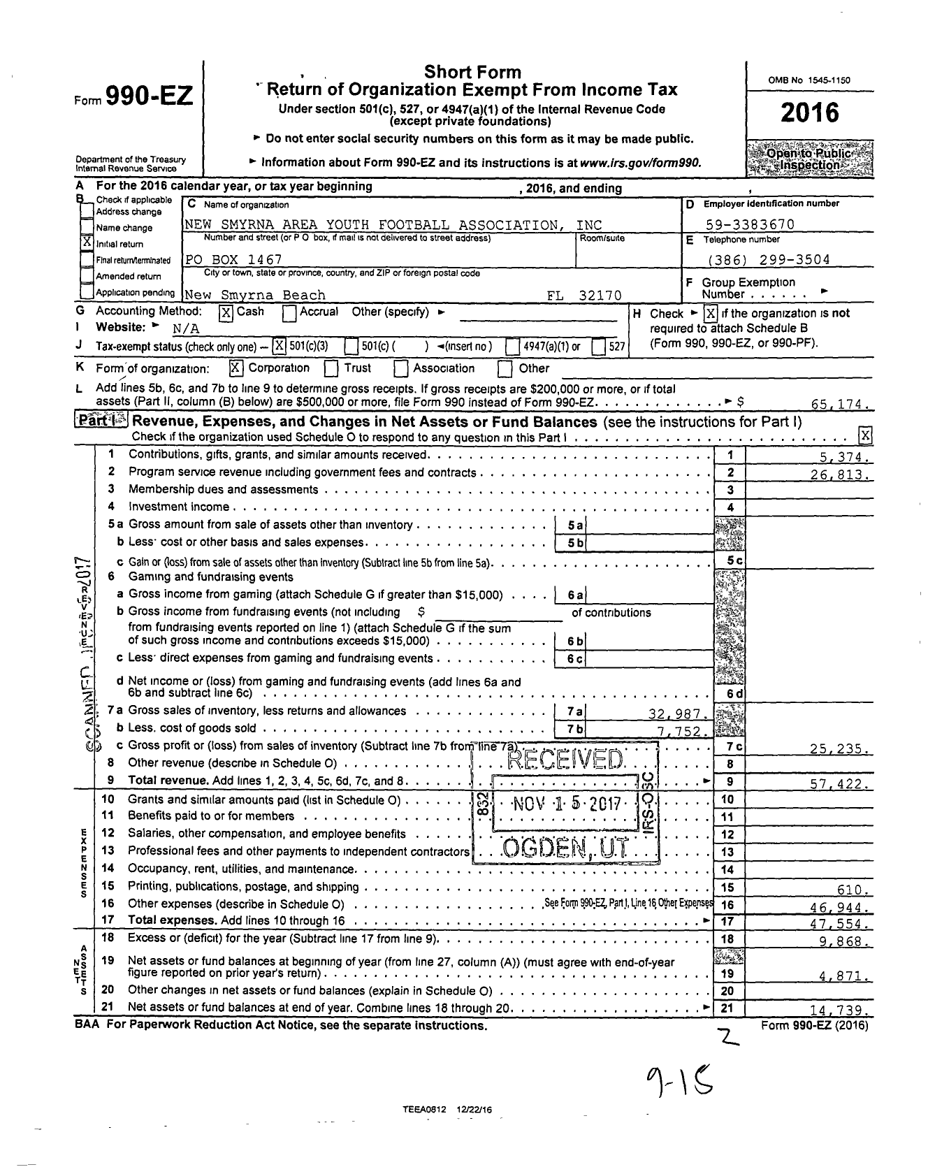 Image of first page of 2016 Form 990EZ for New Smyrna Area Youth Football Association