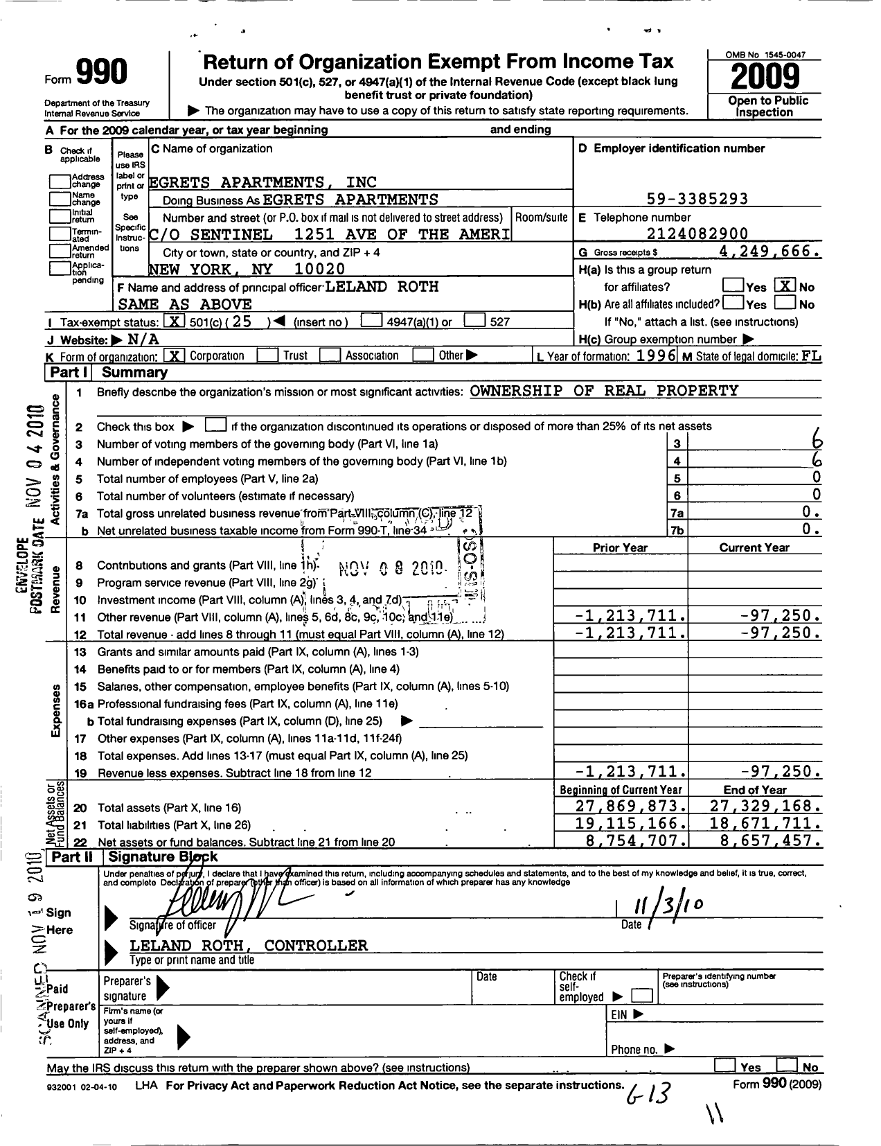 Image of first page of 2009 Form 990O for Egrets Apartments