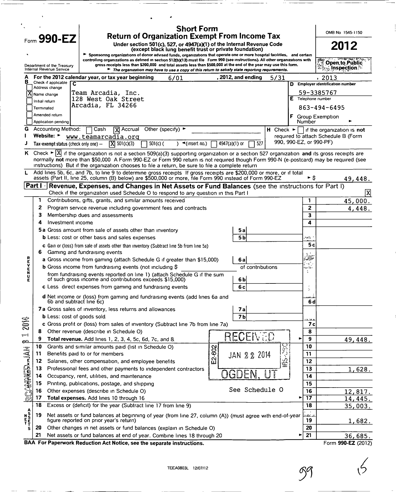 Image of first page of 2012 Form 990EZ for Team Arcadia