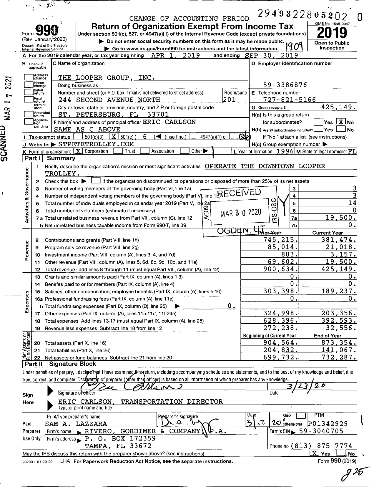 Image of first page of 2018 Form 990O for The Looper Group