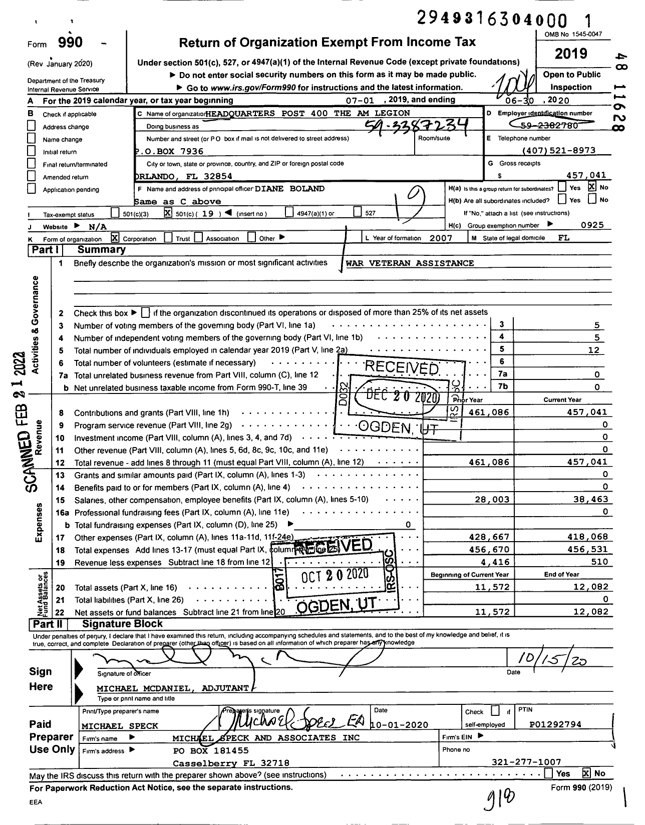 Image of first page of 2019 Form 990O for American Legion - 0400 Department Headquarters