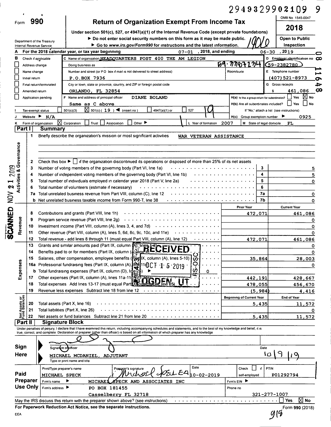 Image of first page of 2018 Form 990O for American Legion - 0400 Department Headquarters