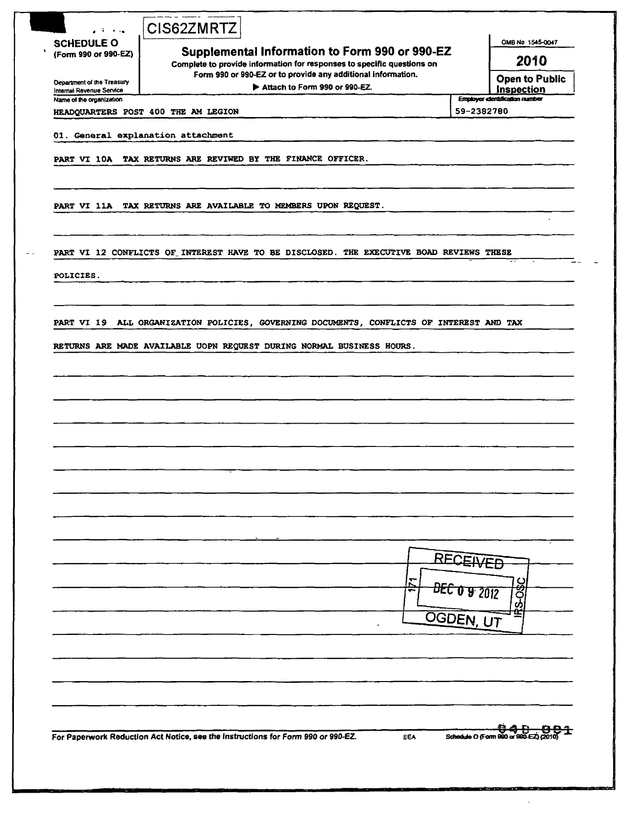 Image of first page of 2010 Form 990OR for American Legion - 0400 Department Headquarters