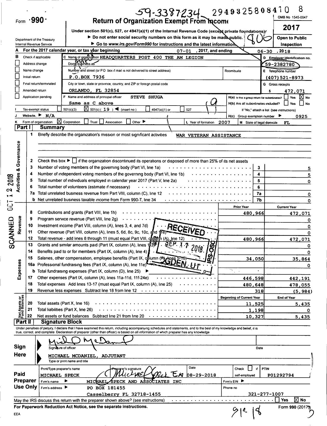 Image of first page of 2017 Form 990O for American Legion - 0400 Department Headquarters