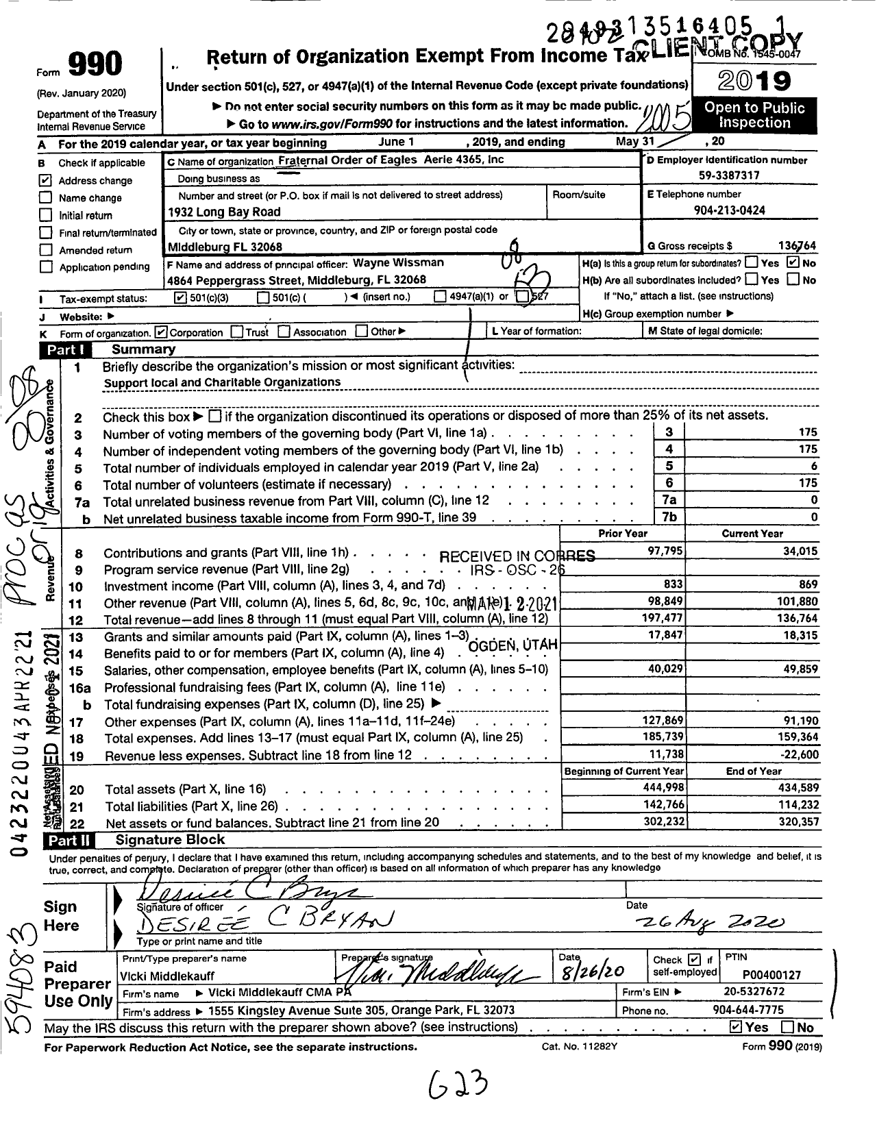 Image of first page of 2019 Form 990O for FRATERNAL ORDER OF EAGLES - 4365 Aerie