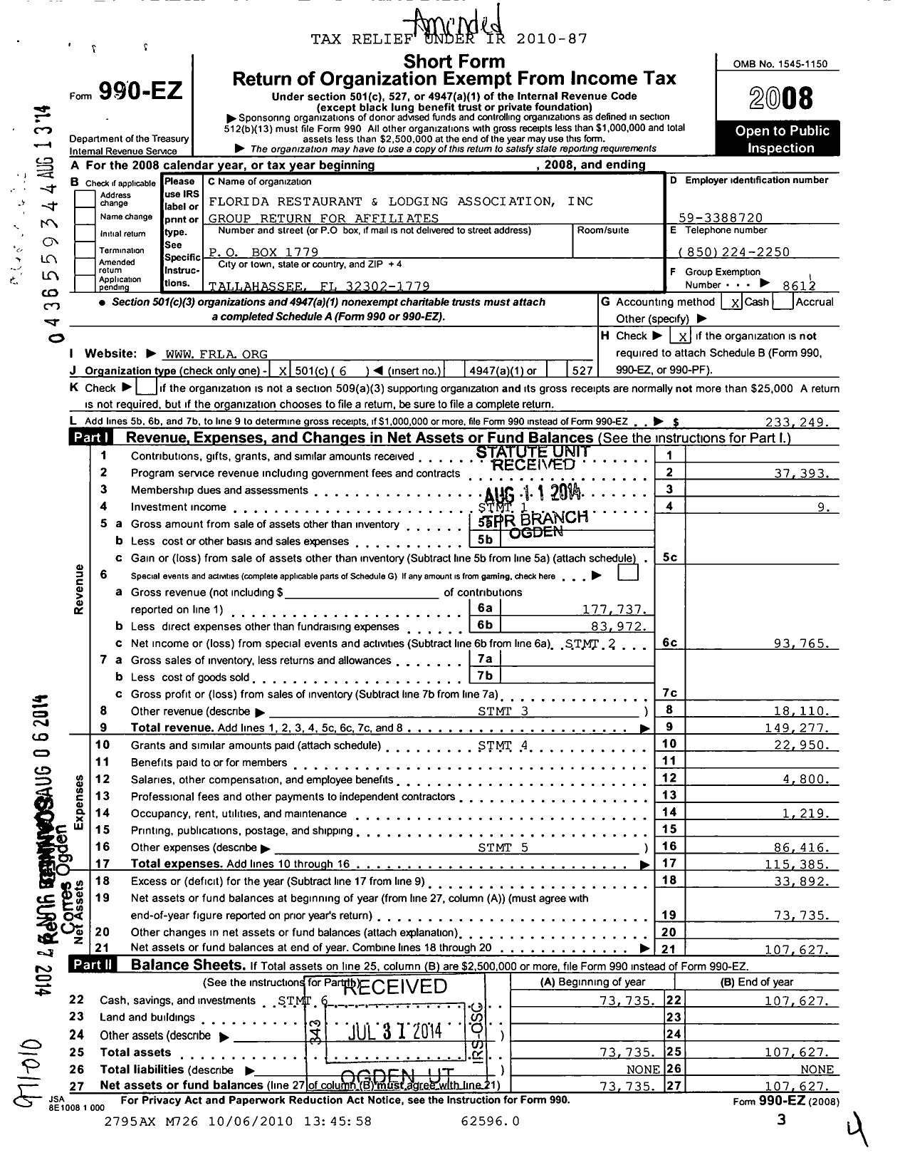 Image of first page of 2008 Form 990EO for Florida Restaurant and Lodging Association