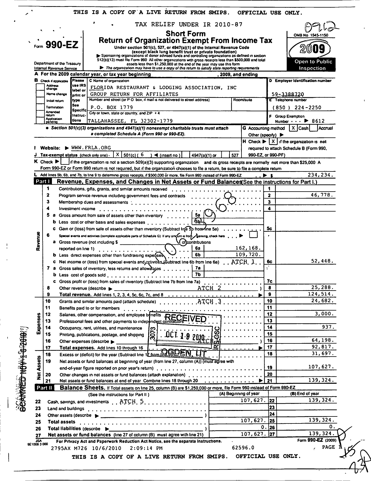 Image of first page of 2009 Form 990EO for Florida Restaurant and Lodging Association