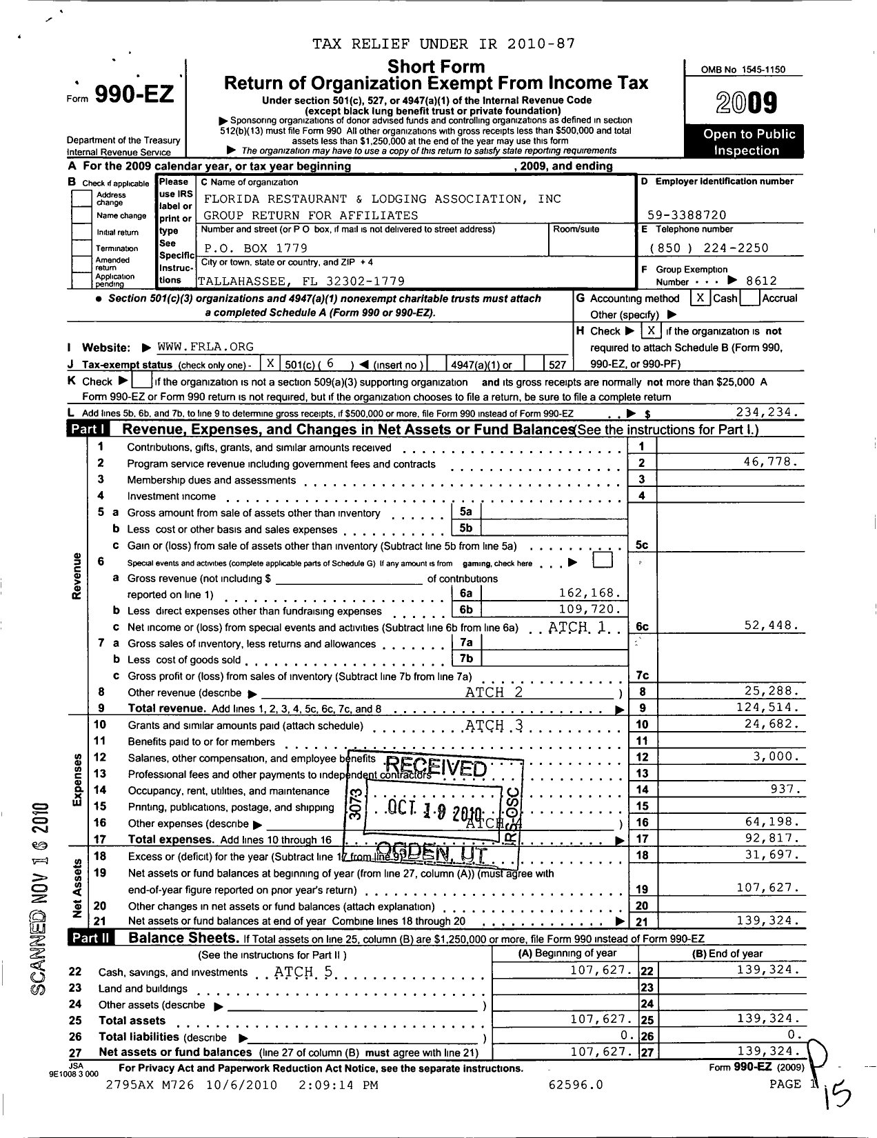 Image of first page of 2009 Form 990EO for Florida Restaurant and Lodging Association