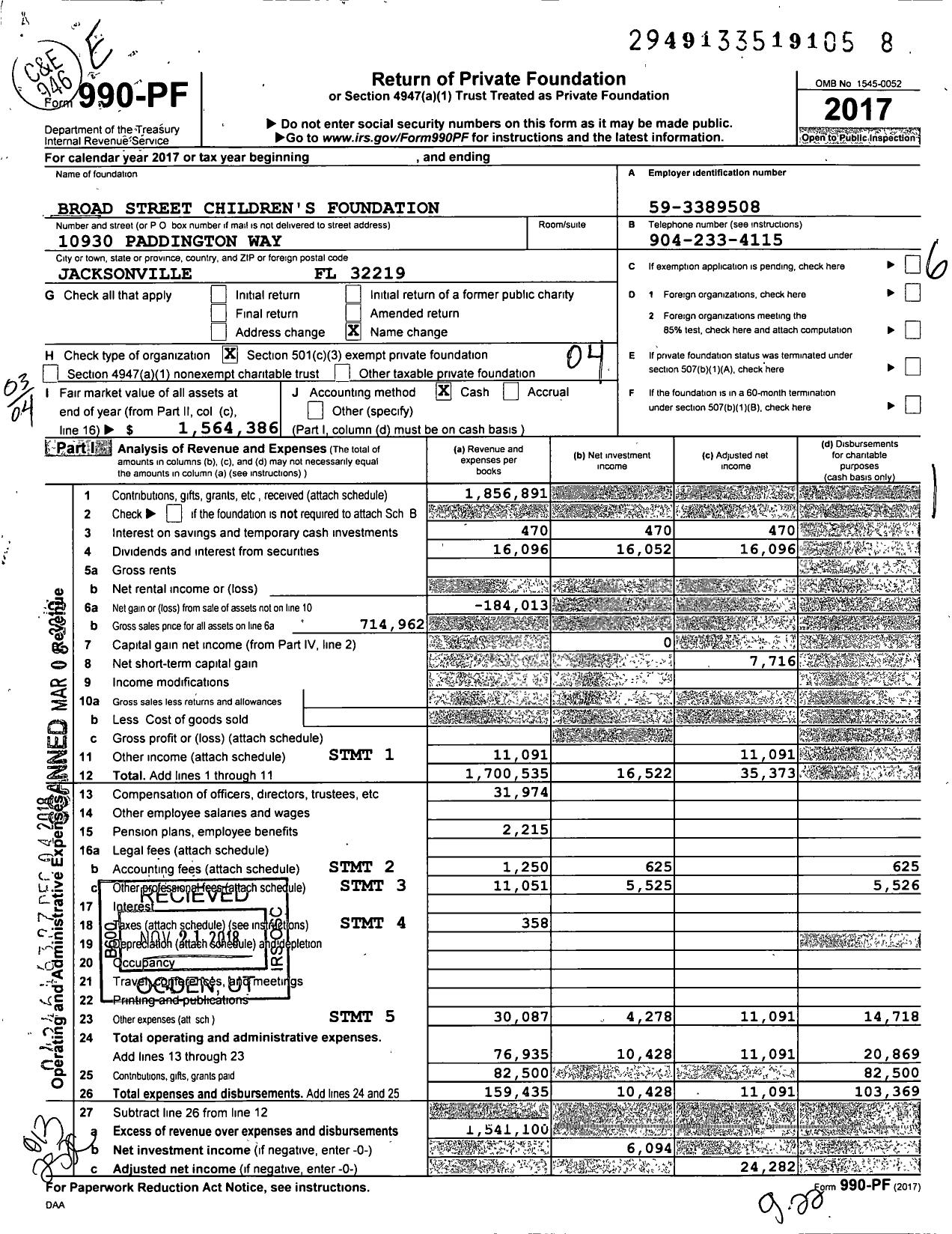 Image of first page of 2017 Form 990PF for Broad Street Children's Foundation
