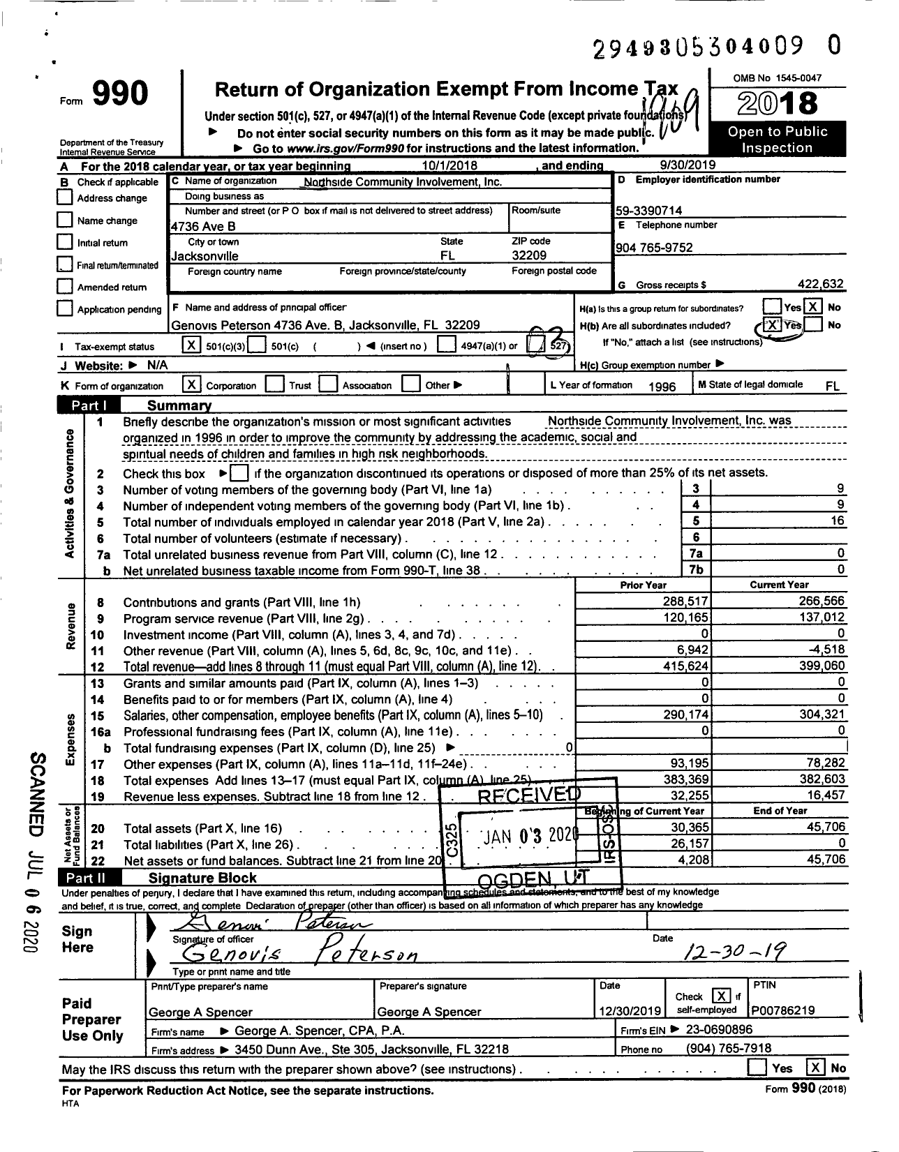 Image of first page of 2018 Form 990 for Northside Community Involvement