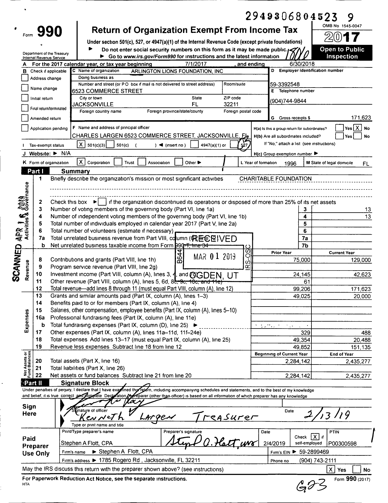 Image of first page of 2017 Form 990 for Arlington Lions Foundation