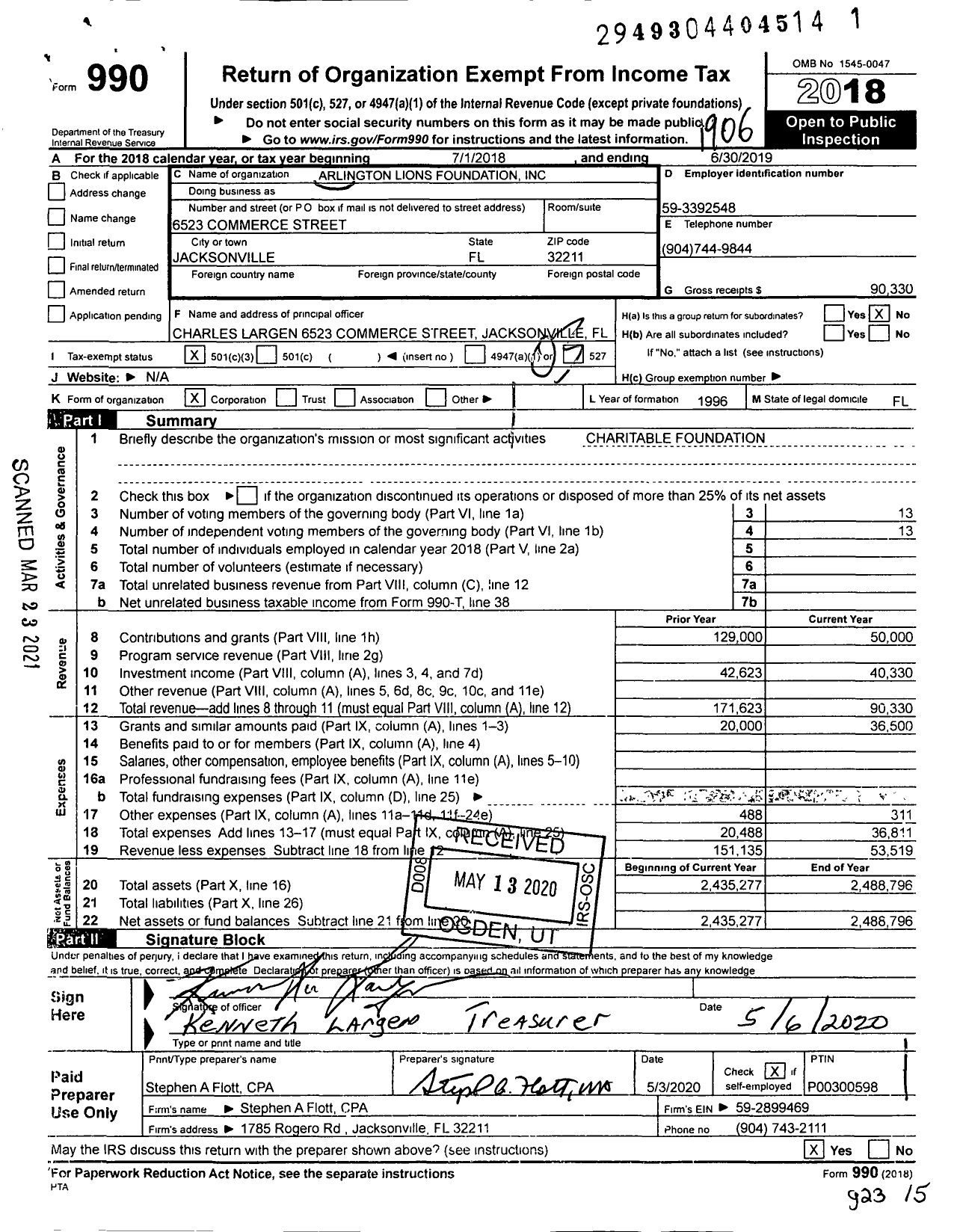 Image of first page of 2018 Form 990 for Arlington Lions Foundation