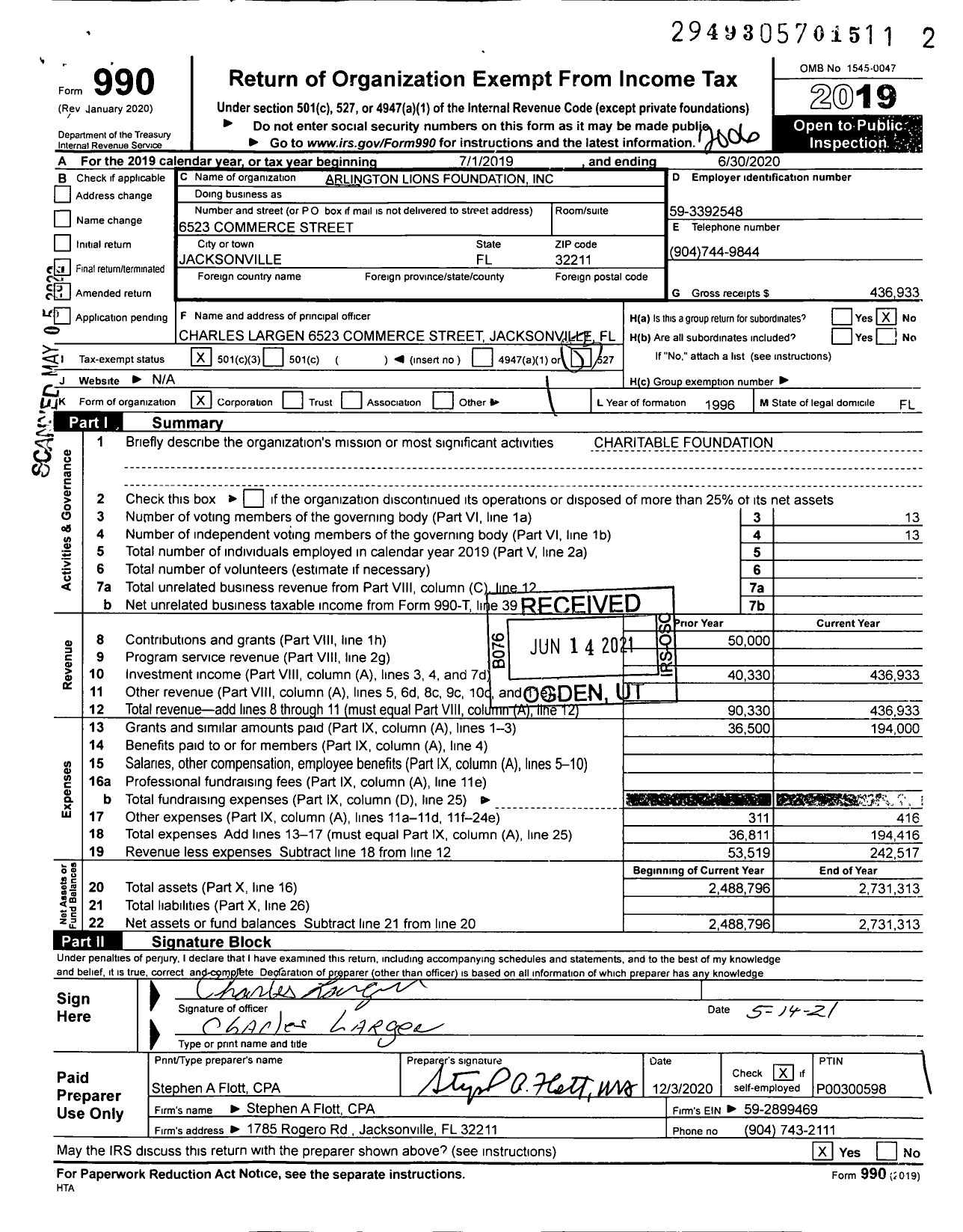 Image of first page of 2019 Form 990 for Arlington Lions Foundation