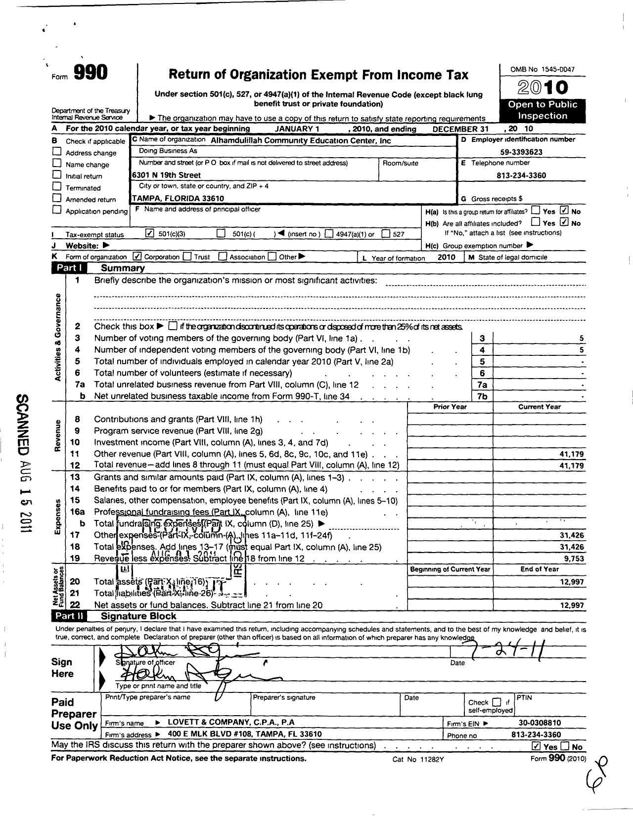 Image of first page of 2010 Form 990 for Alhamdulillah Community Educational Center