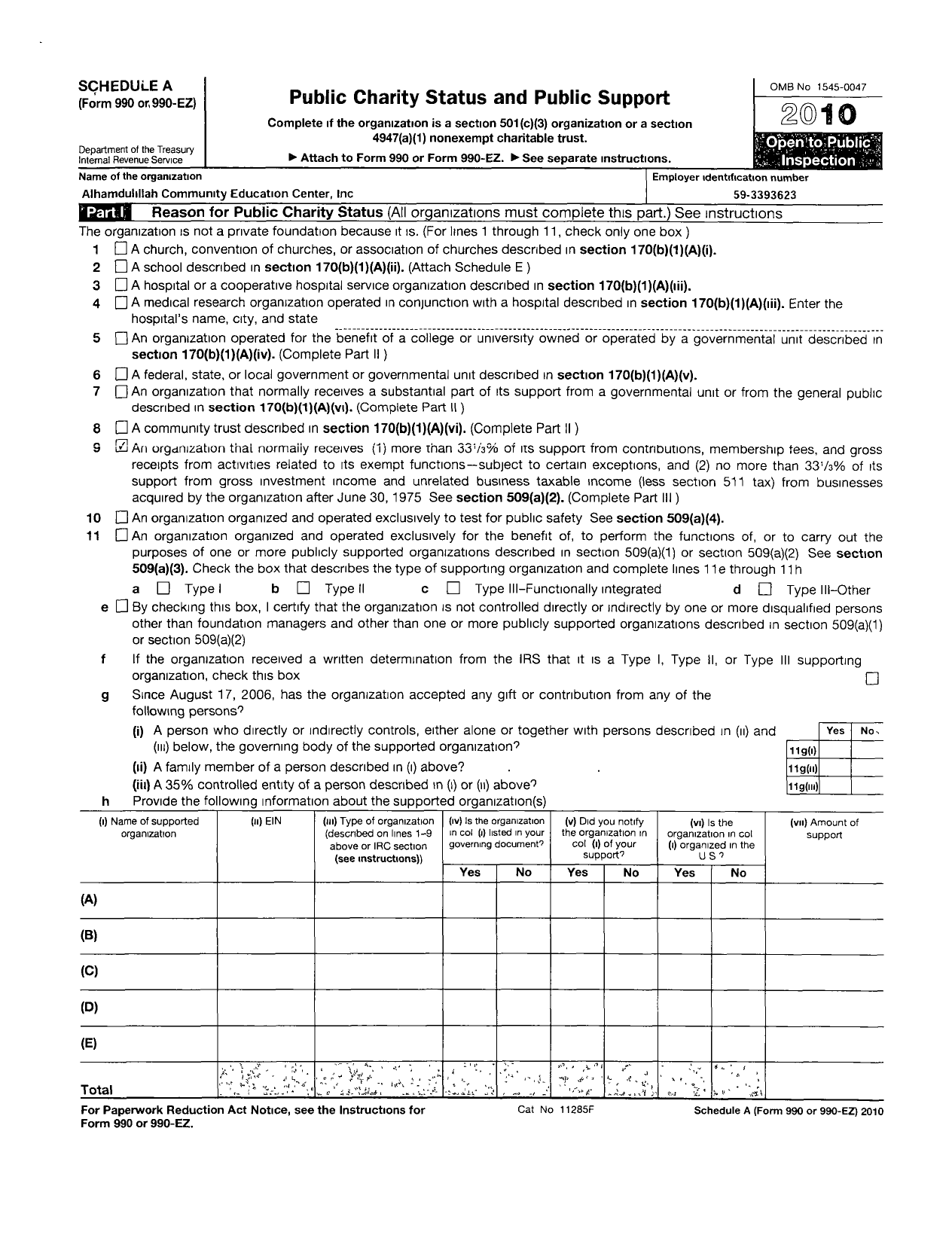 Image of first page of 2010 Form 990R for Alhamdulillah Community Educational Center