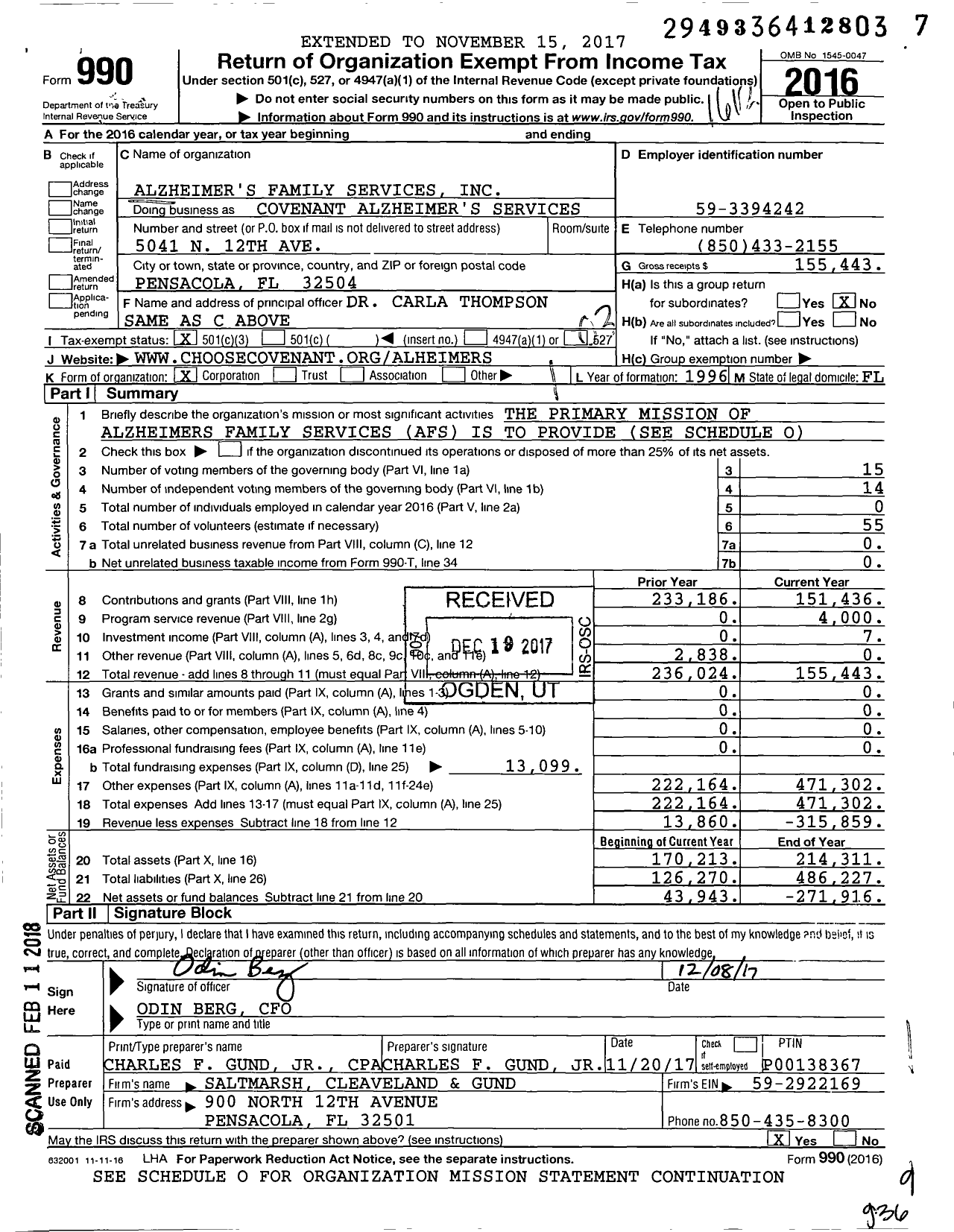Image of first page of 2016 Form 990 for Covenant Alzheimer's Services