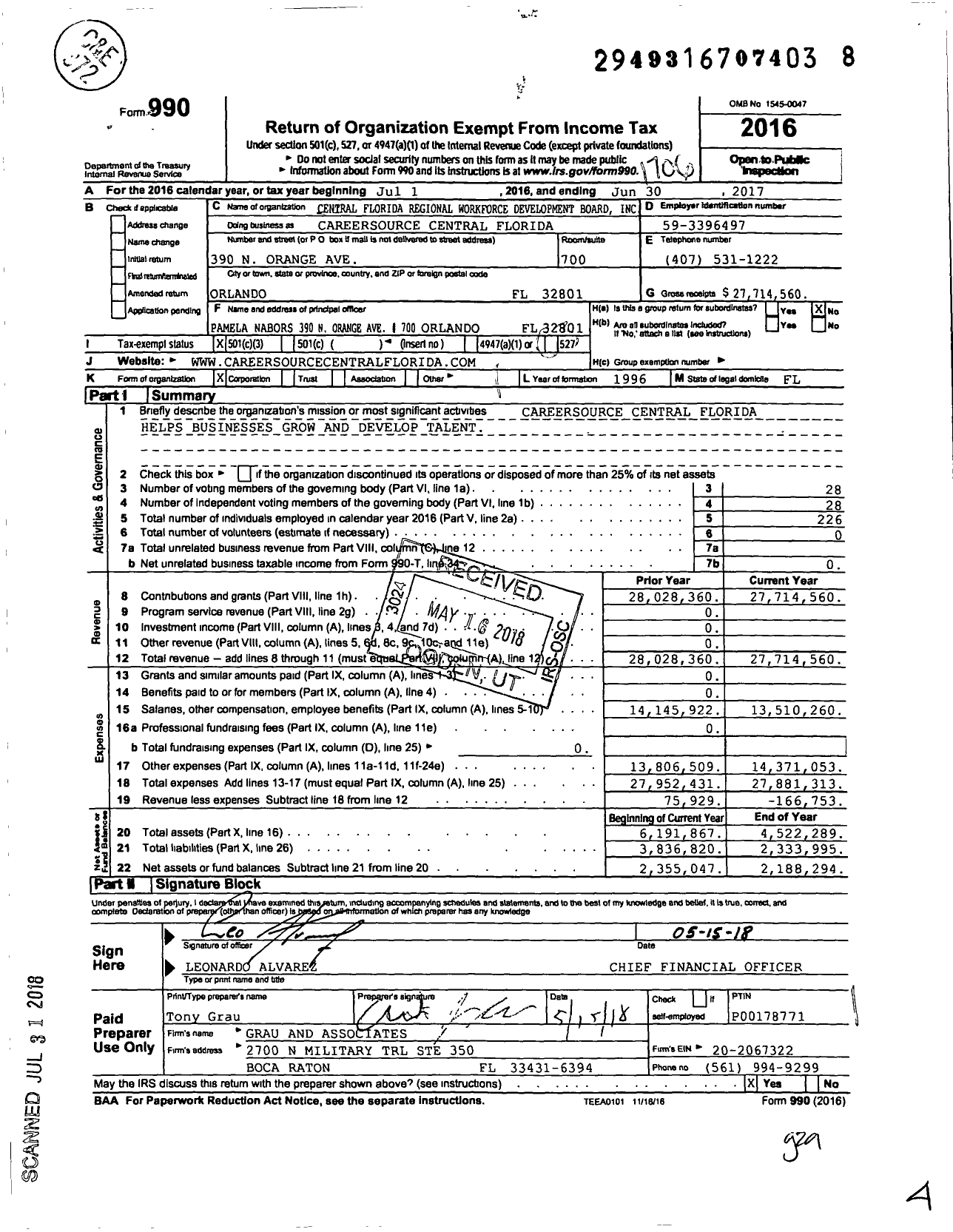 Image of first page of 2016 Form 990 for Careersource Central Florida