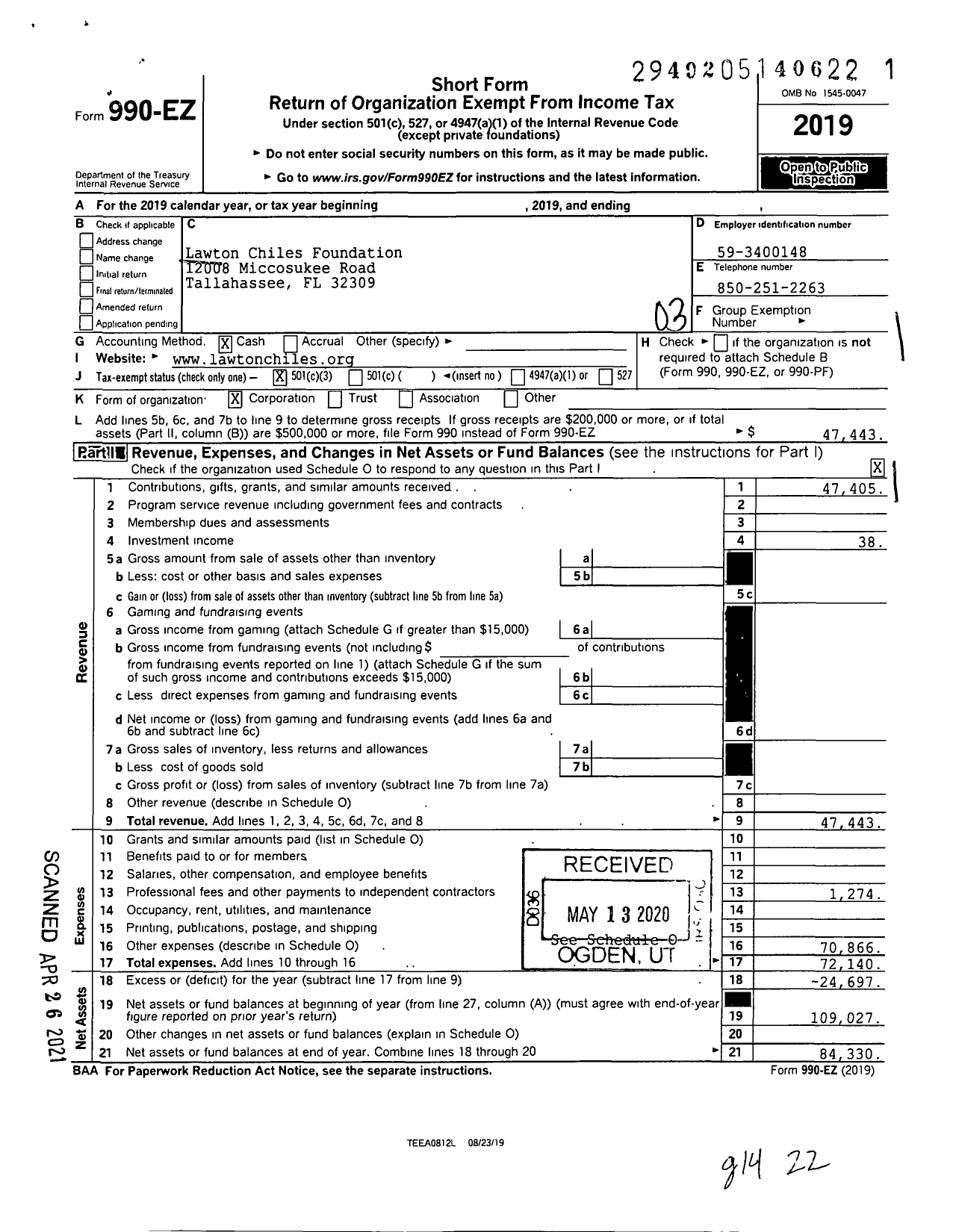 Image of first page of 2019 Form 990EZ for The Lawton Chiles Foundation