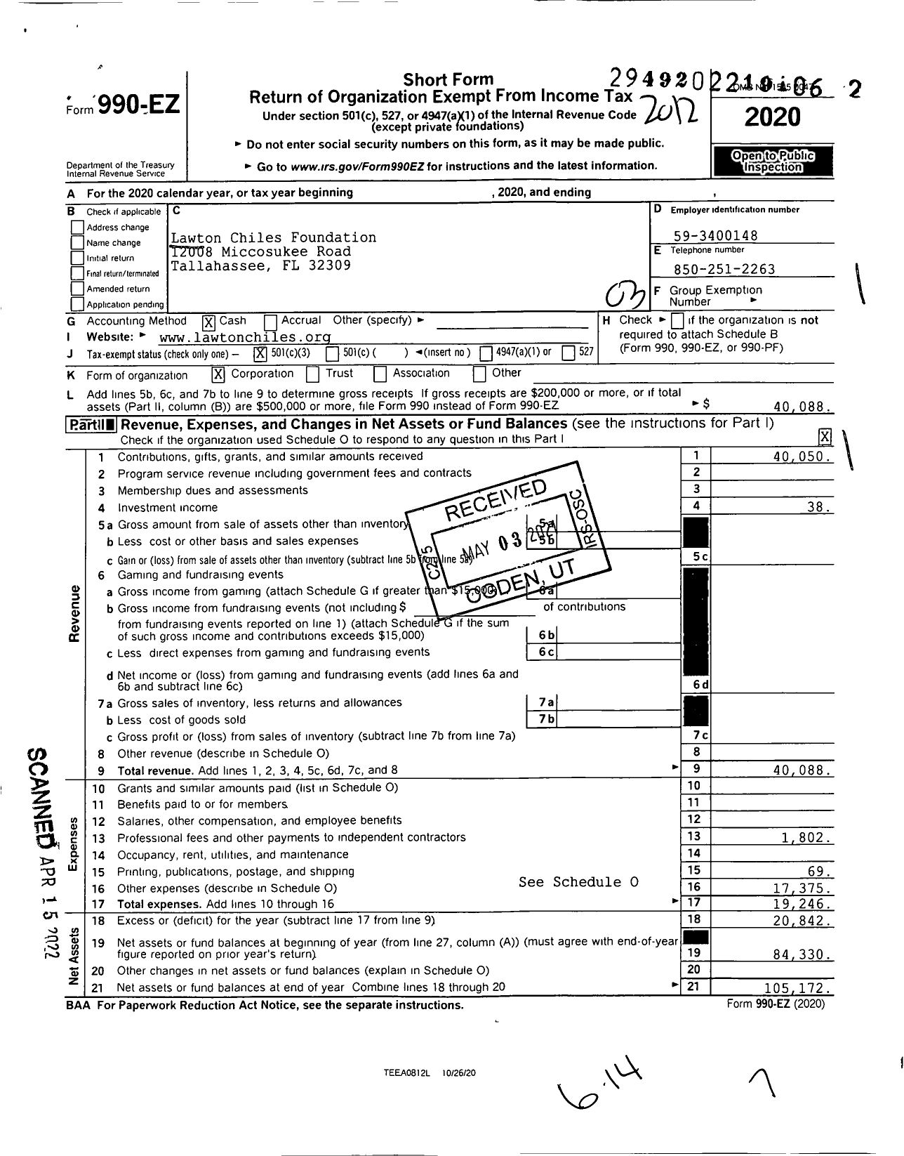 Image of first page of 2020 Form 990EZ for The Lawton Chiles Foundation