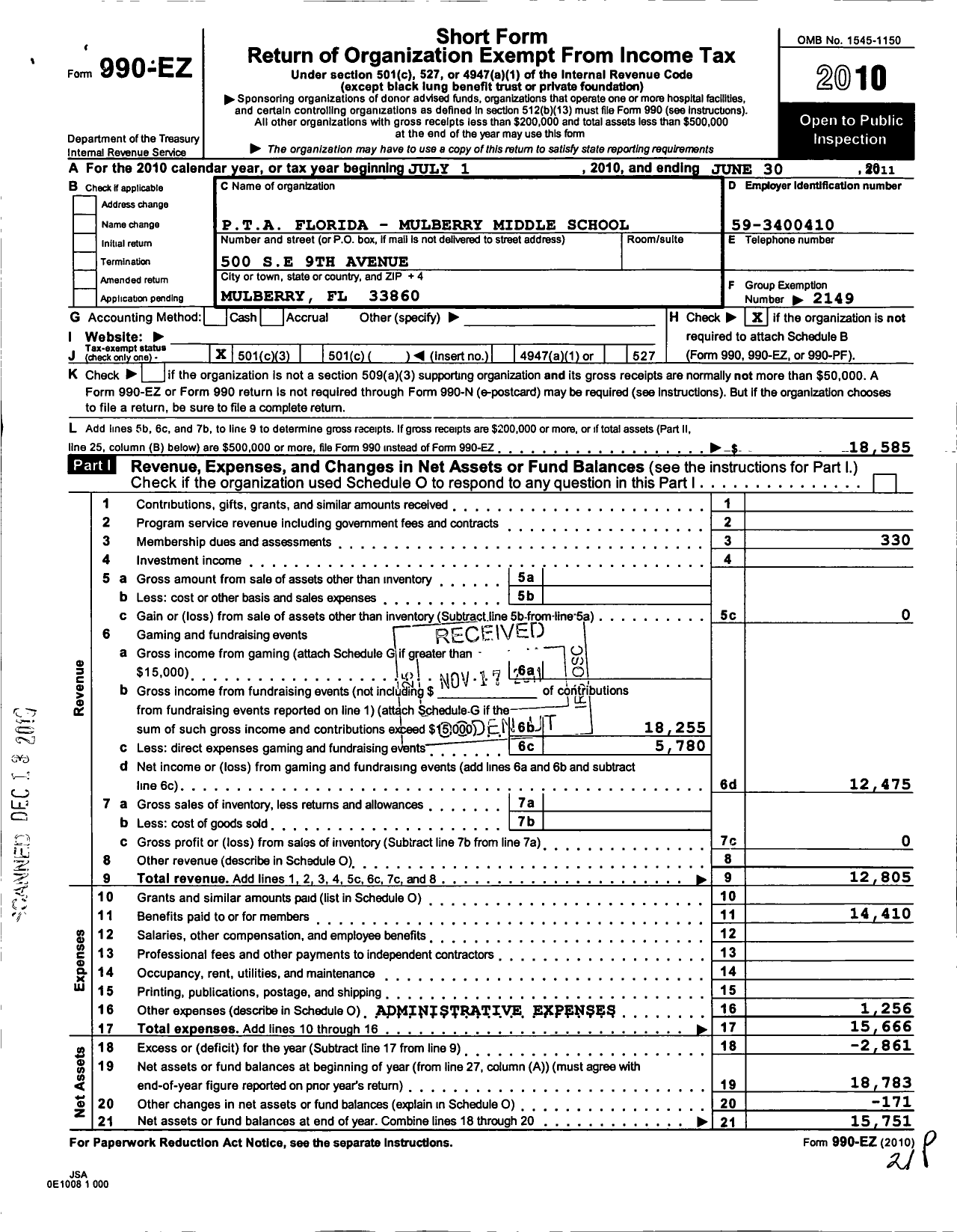 Image of first page of 2010 Form 990EZ for PTA Florida Congress