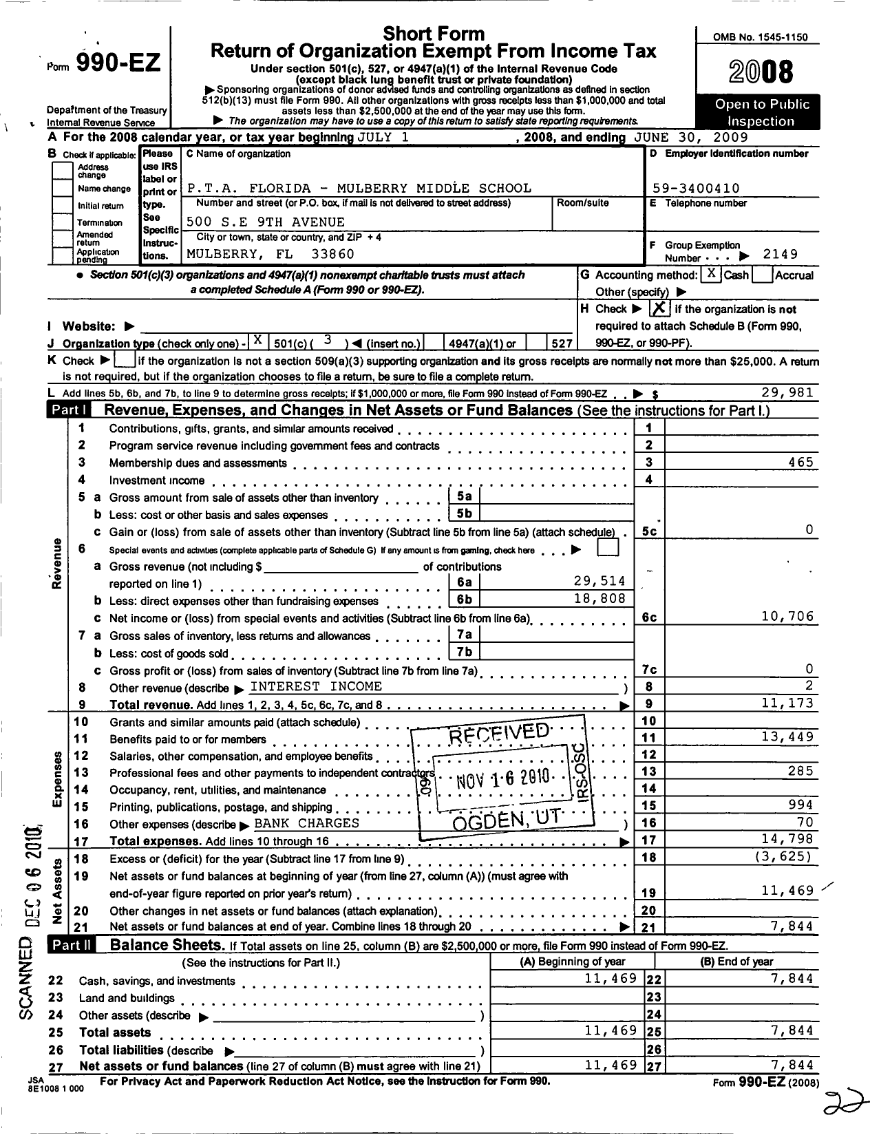 Image of first page of 2008 Form 990EZ for PTA Florida Congress