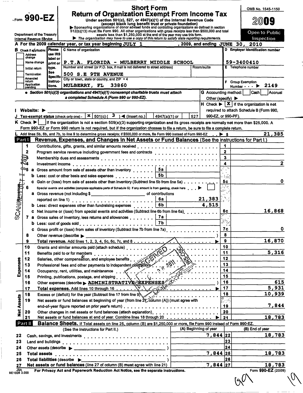 Image of first page of 2009 Form 990EZ for PTA Florida Congress