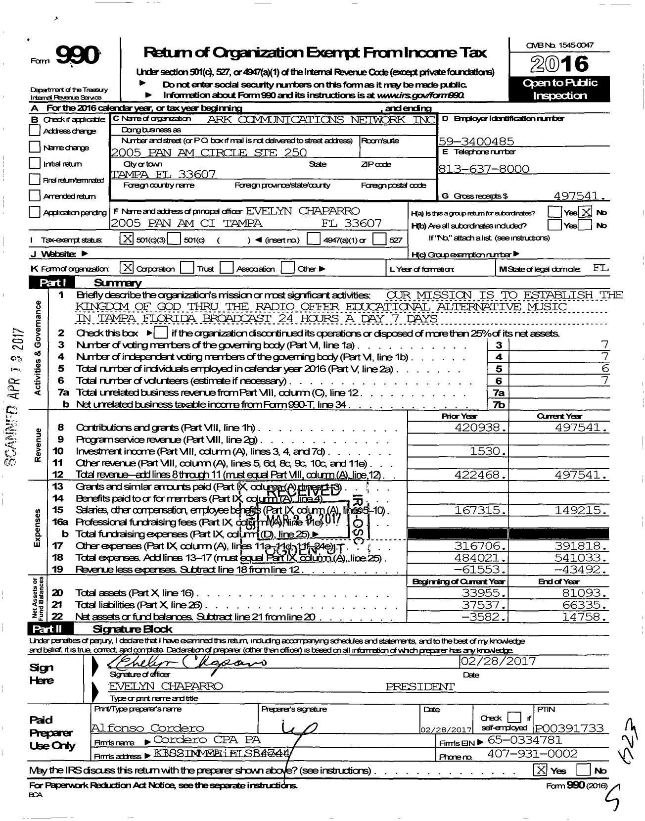 Image of first page of 2016 Form 990 for Ark Communications Network