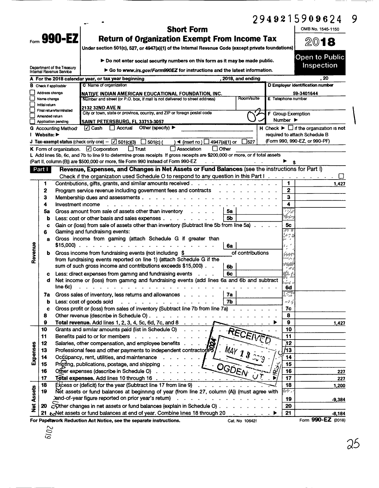 Image of first page of 2018 Form 990EZ for Native Indian American Educational Foundation