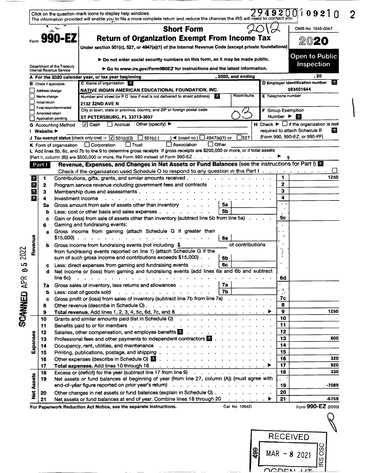 Image of first page of 2020 Form 990EZ for Native Indian American Educational Foundation