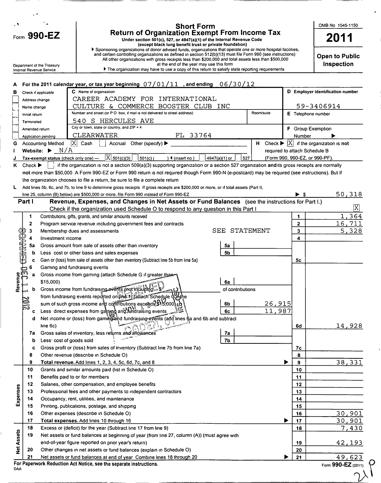 Image of first page of 2011 Form 990EZ for Career Academy for International Culture and Commerce Booster Club in